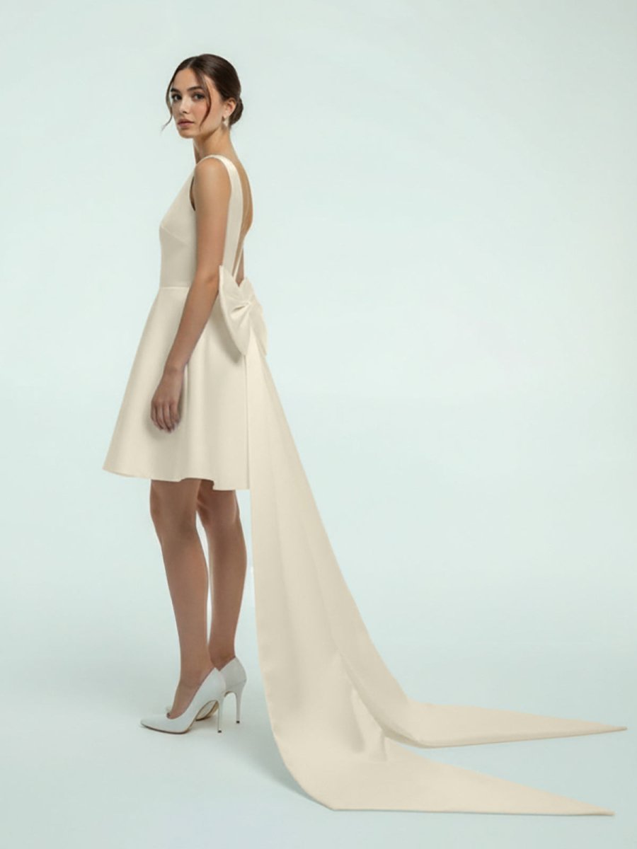 KissDress-Karelia A-Line Satin V-Neck Short Wedding Dress with Large Bow