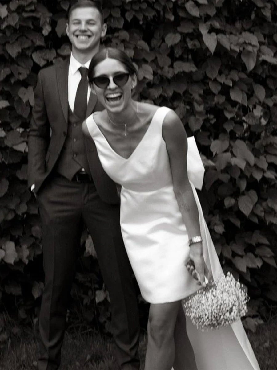 KissDress-Karelia A-Line Satin V-Neck Short Wedding Dress with Large Bow