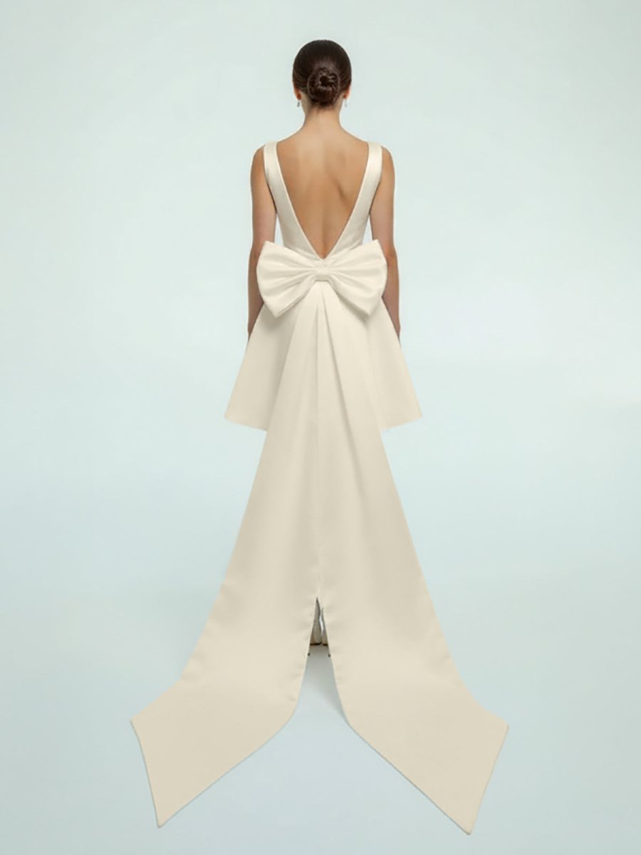 KissDress-Karelia A-Line Satin V-Neck Short Wedding Dress with Large Bow