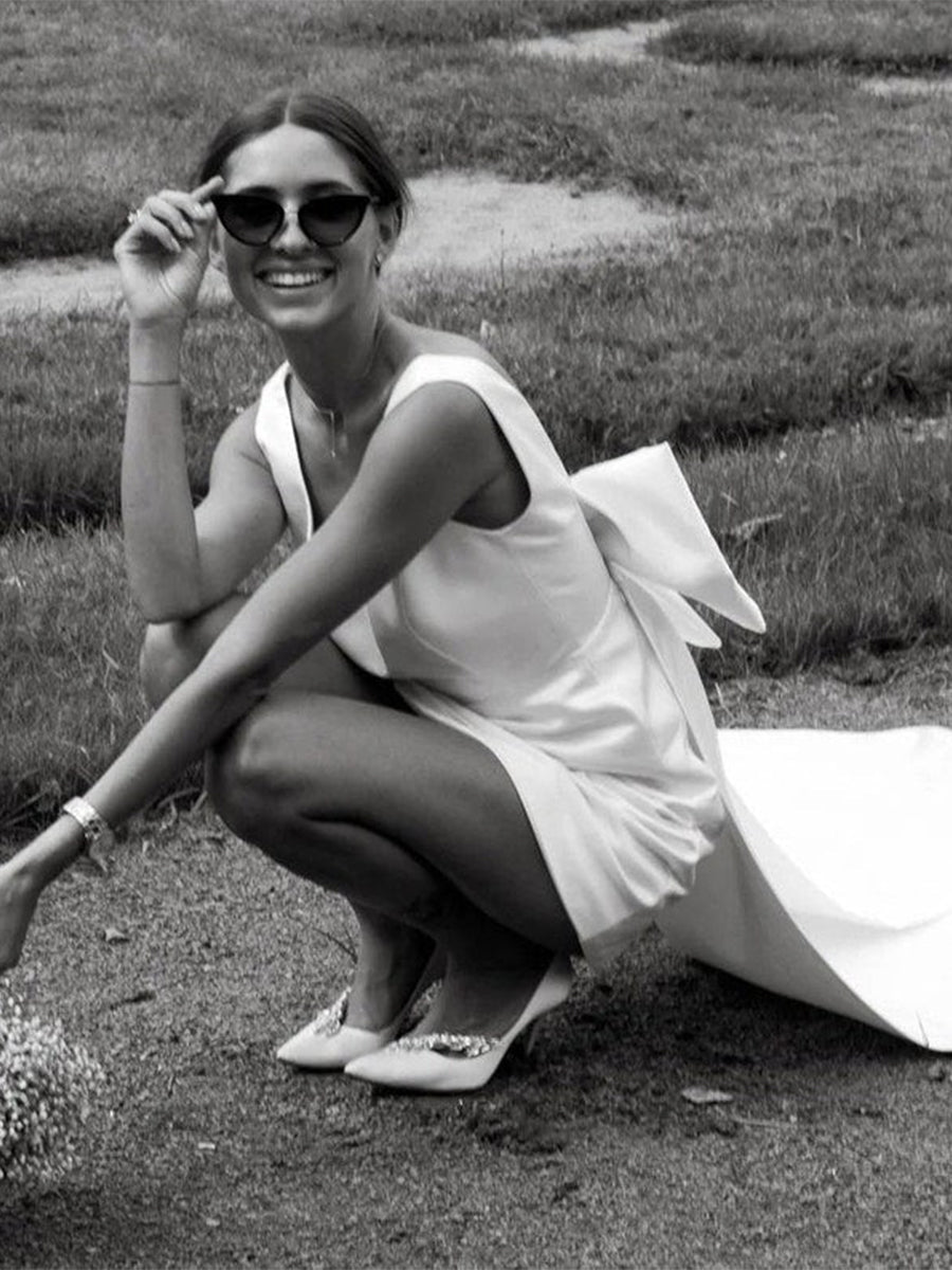 KissDress-Karelia A-Line Satin V-Neck Short Wedding Dress with Large Bow