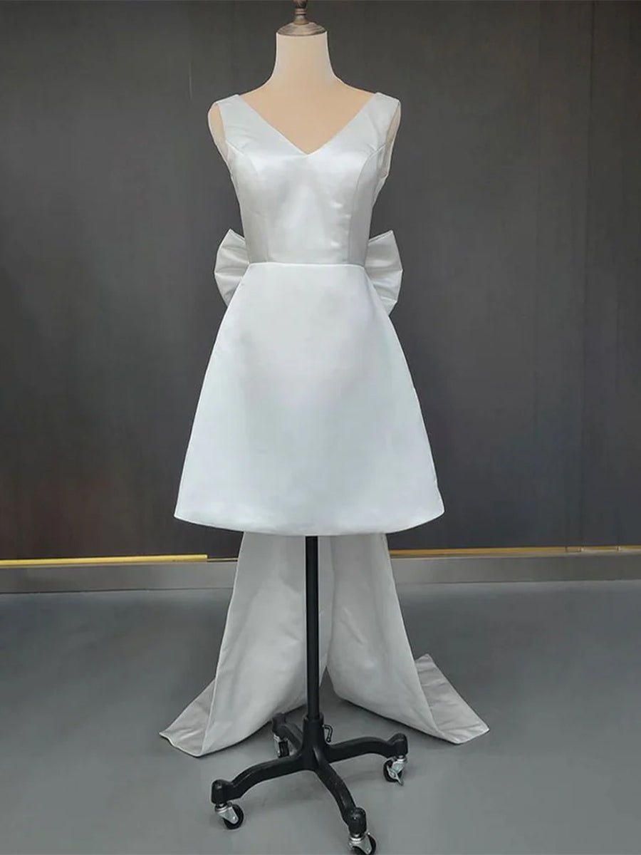 KissDress-Karelia A-Line Satin V-Neck Short Wedding Dress with Large Bow