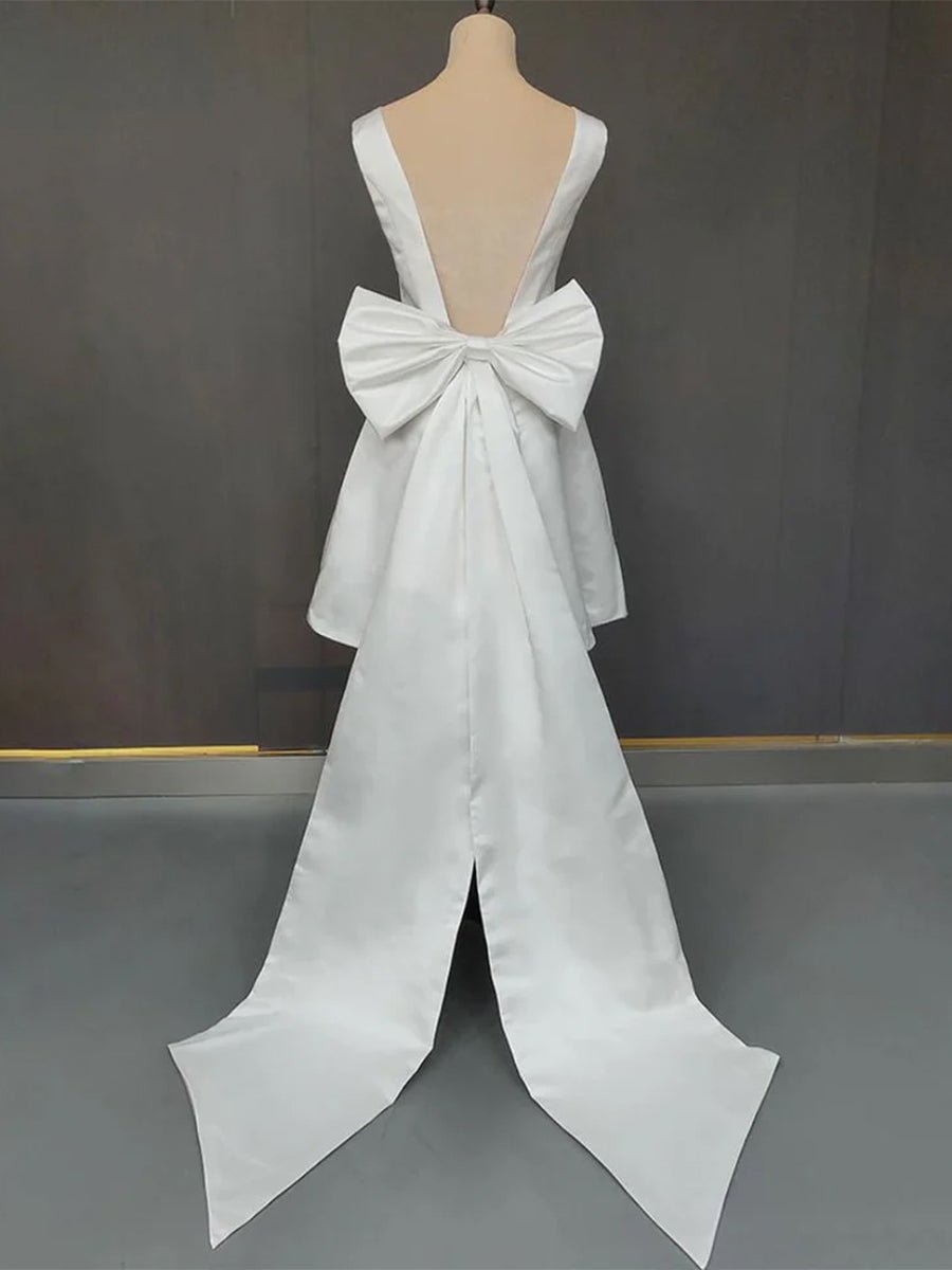 KissDress-Karelia A-Line Satin V-Neck Short Wedding Dress with Large Bow