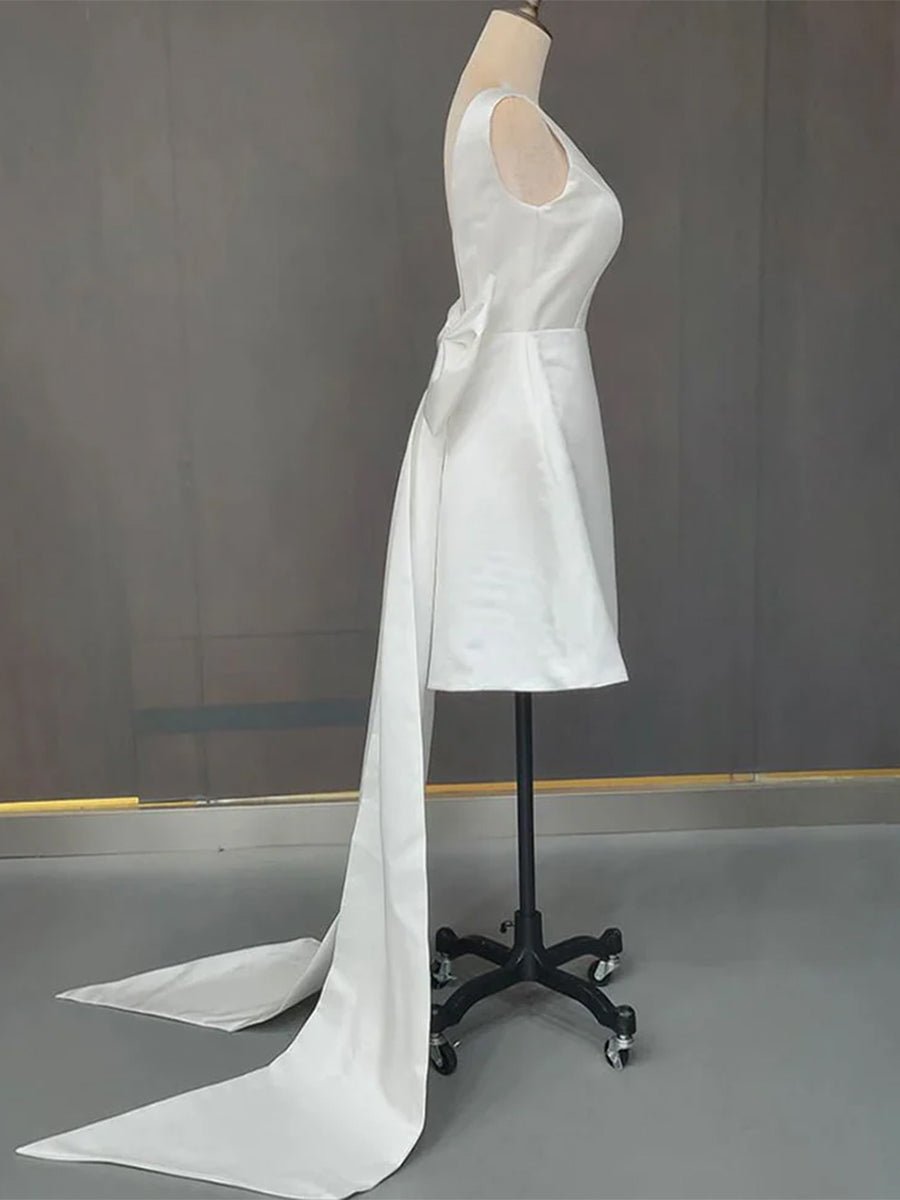 KissDress-Karelia A-Line Satin V-Neck Short Wedding Dress with Large Bow