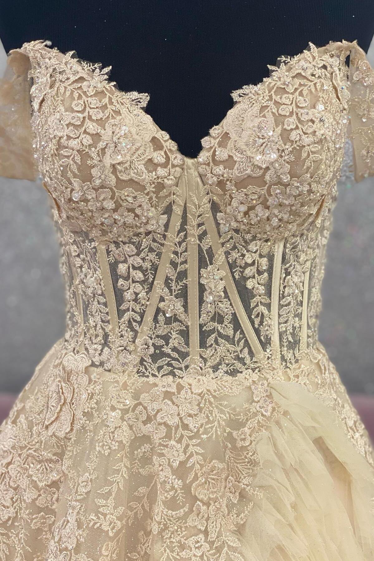 Champagne Off the Shoulder Tulle Prom Dress With Appliques