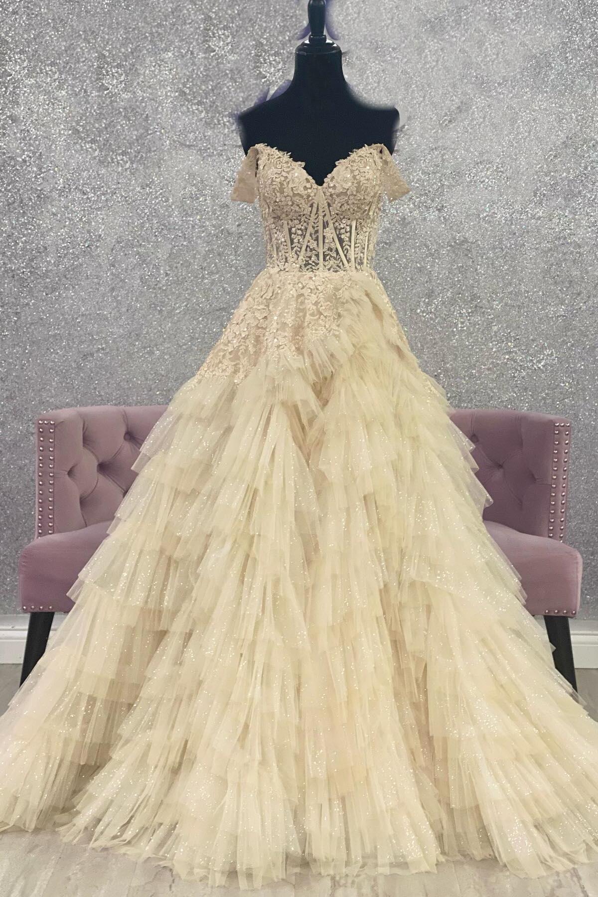 Champagne Off the Shoulder Tulle Prom Dress With Appliques