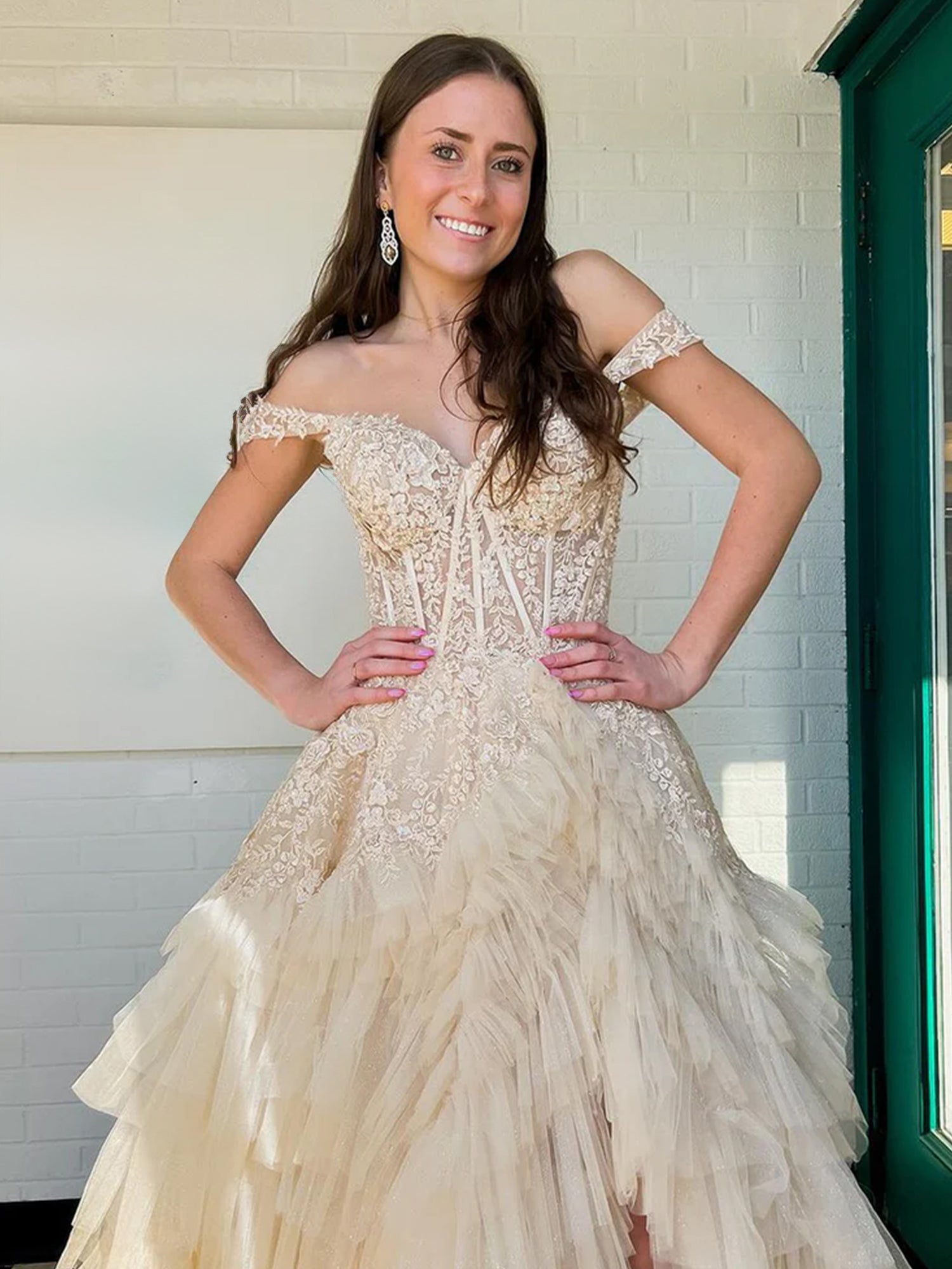 Champagne Off the Shoulder Tulle Prom Dress With Appliques