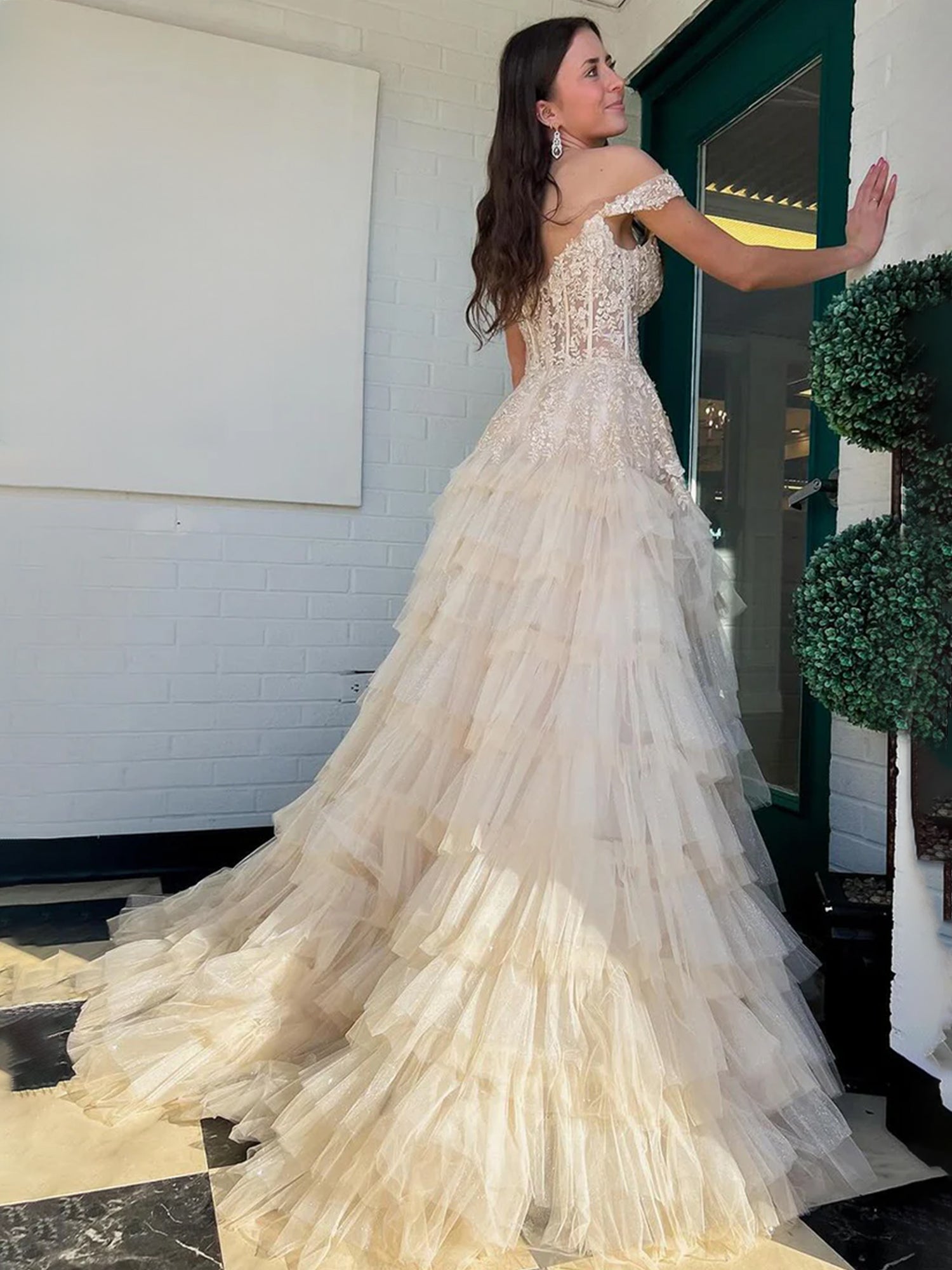 Champagne Off the Shoulder Tulle Prom Dress With Appliques
