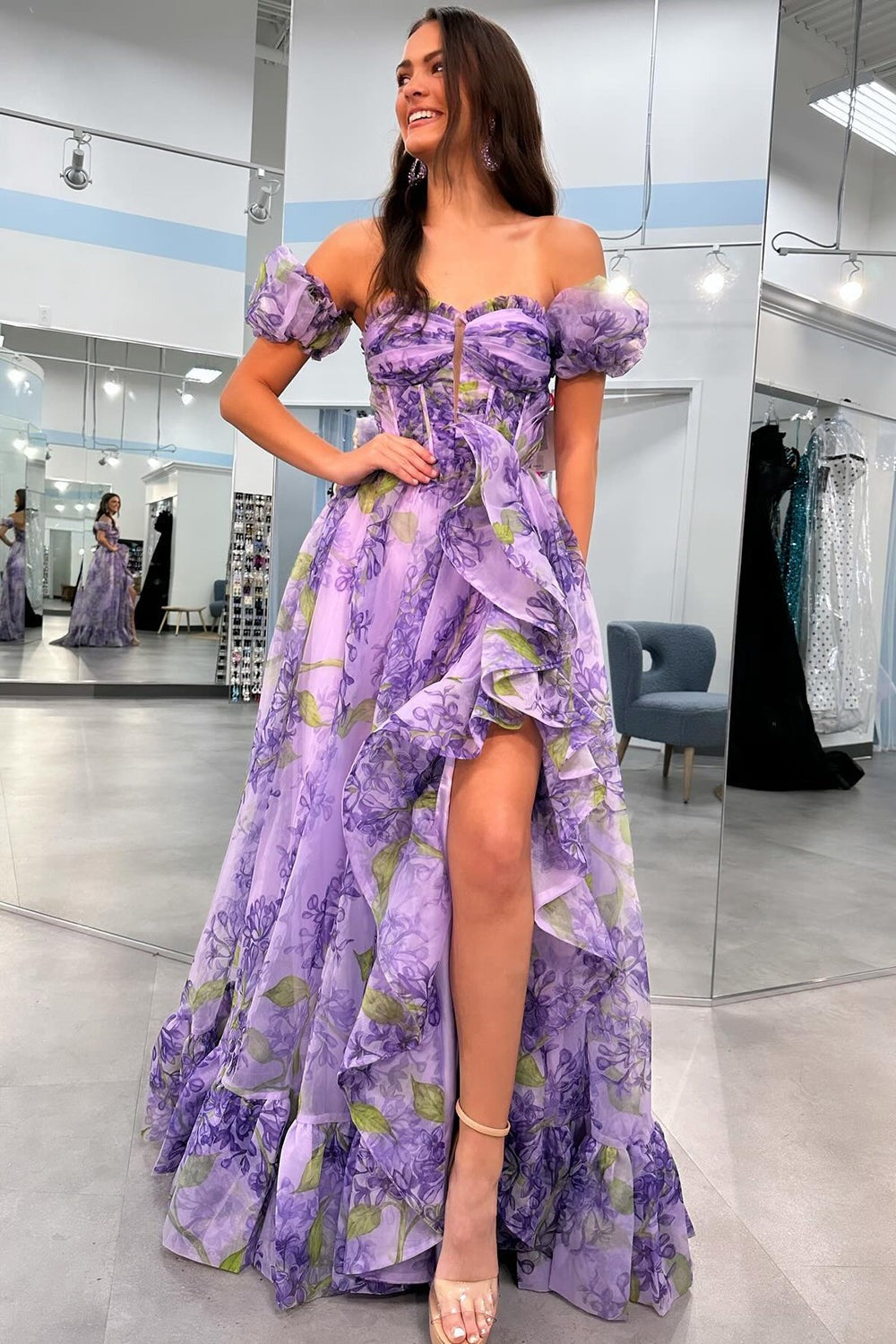 Strapless A-Line Floral Prom Dress With Detachable Sleeves