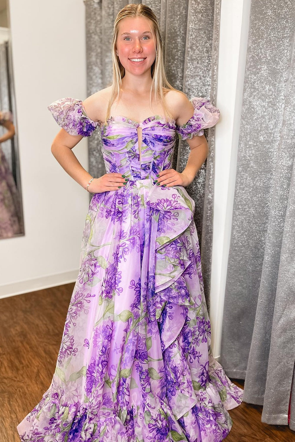 Strapless A-Line Floral Prom Dress With Detachable Sleeves
