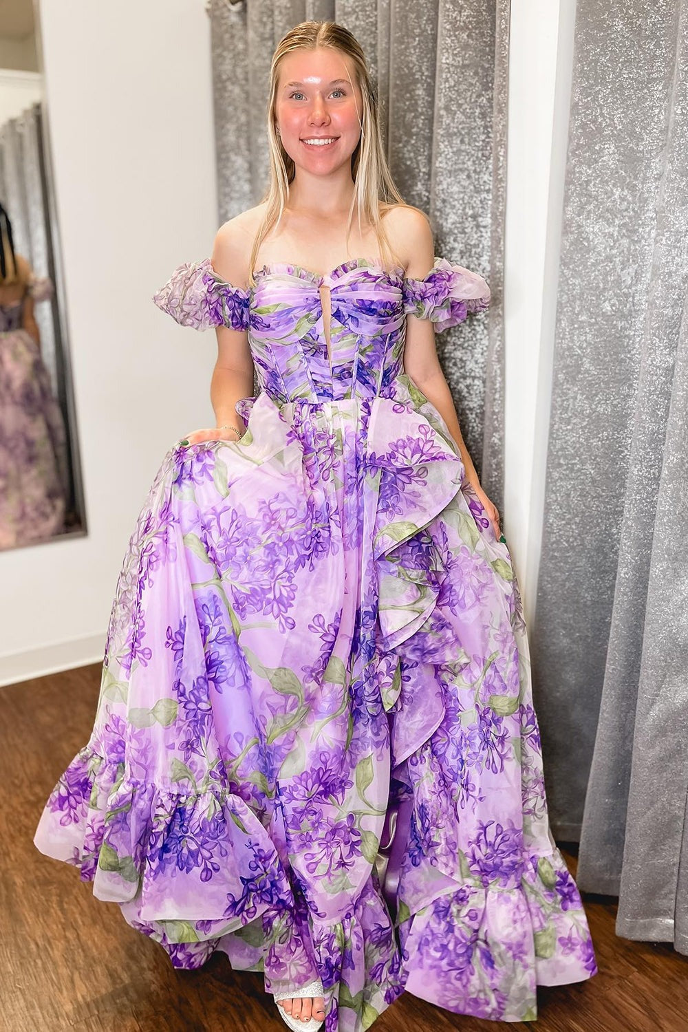 Strapless A-Line Floral Prom Dress With Detachable Sleeves