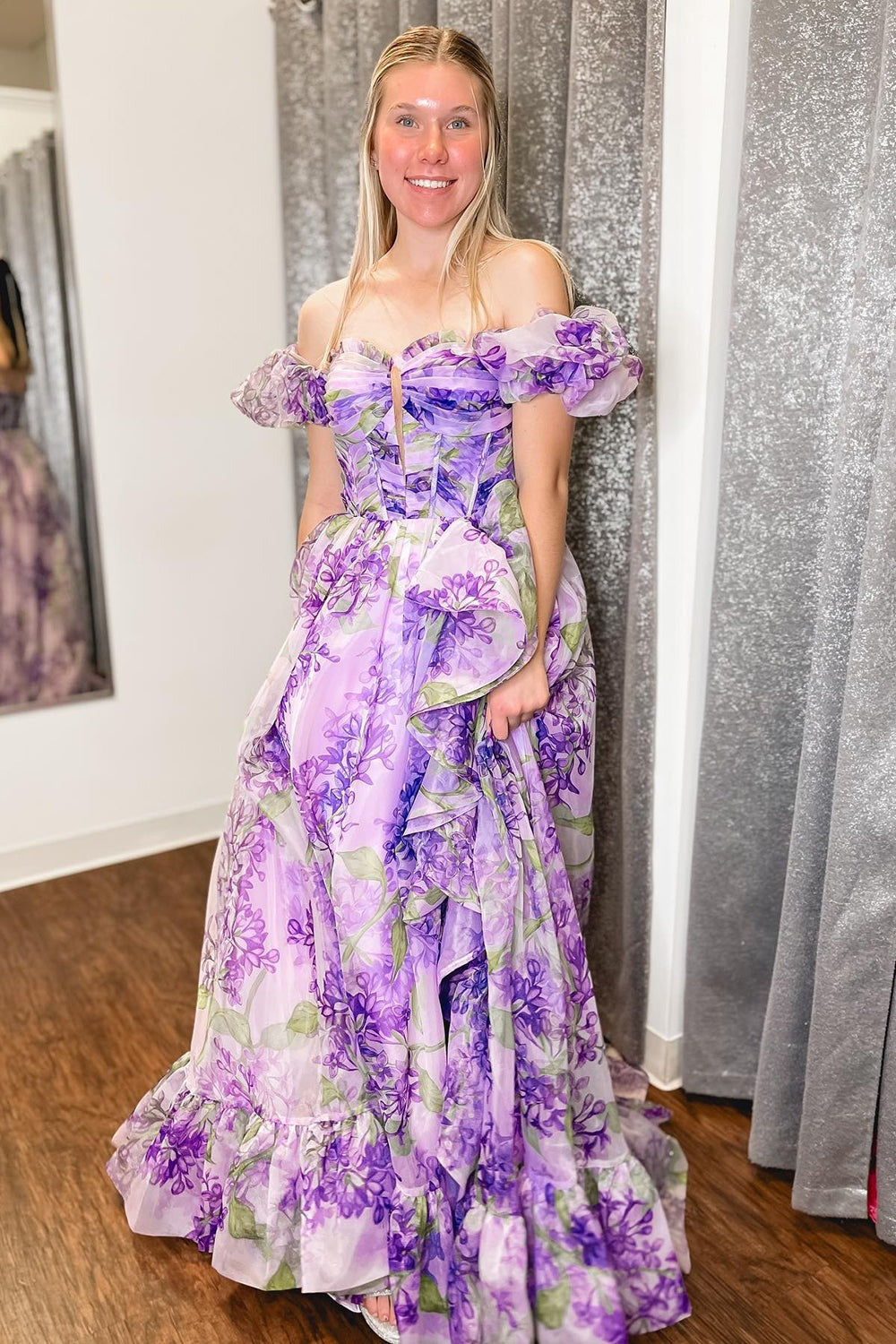 Strapless A-Line Floral Prom Dress With Detachable Sleeves