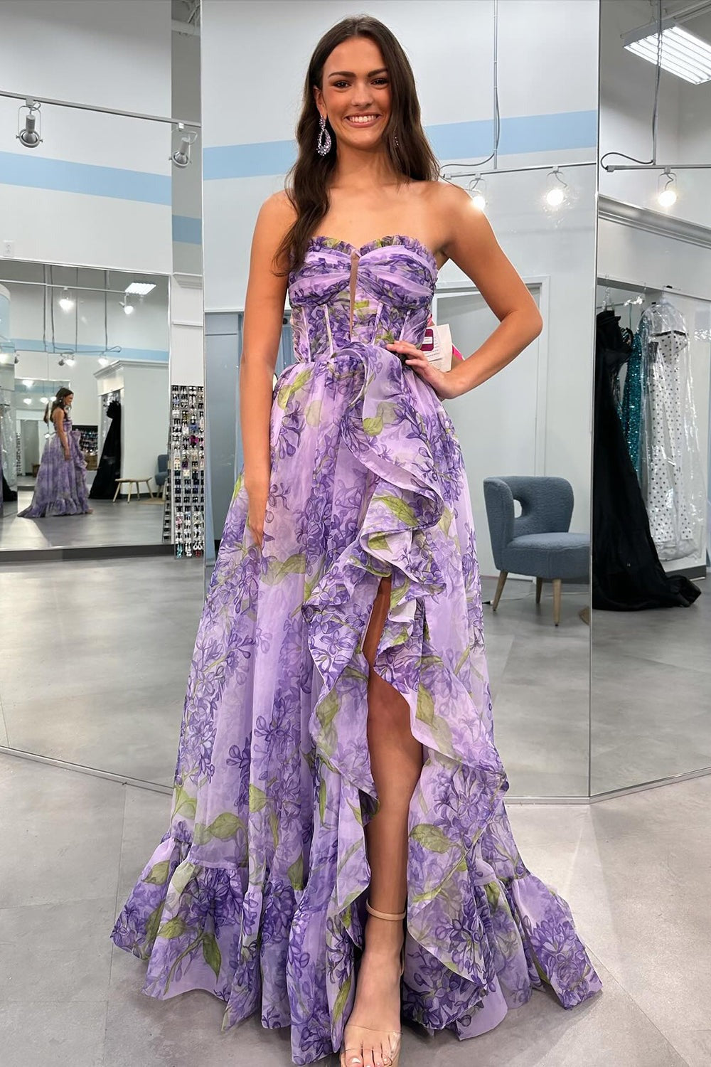Strapless A-Line Floral Prom Dress With Detachable Sleeves