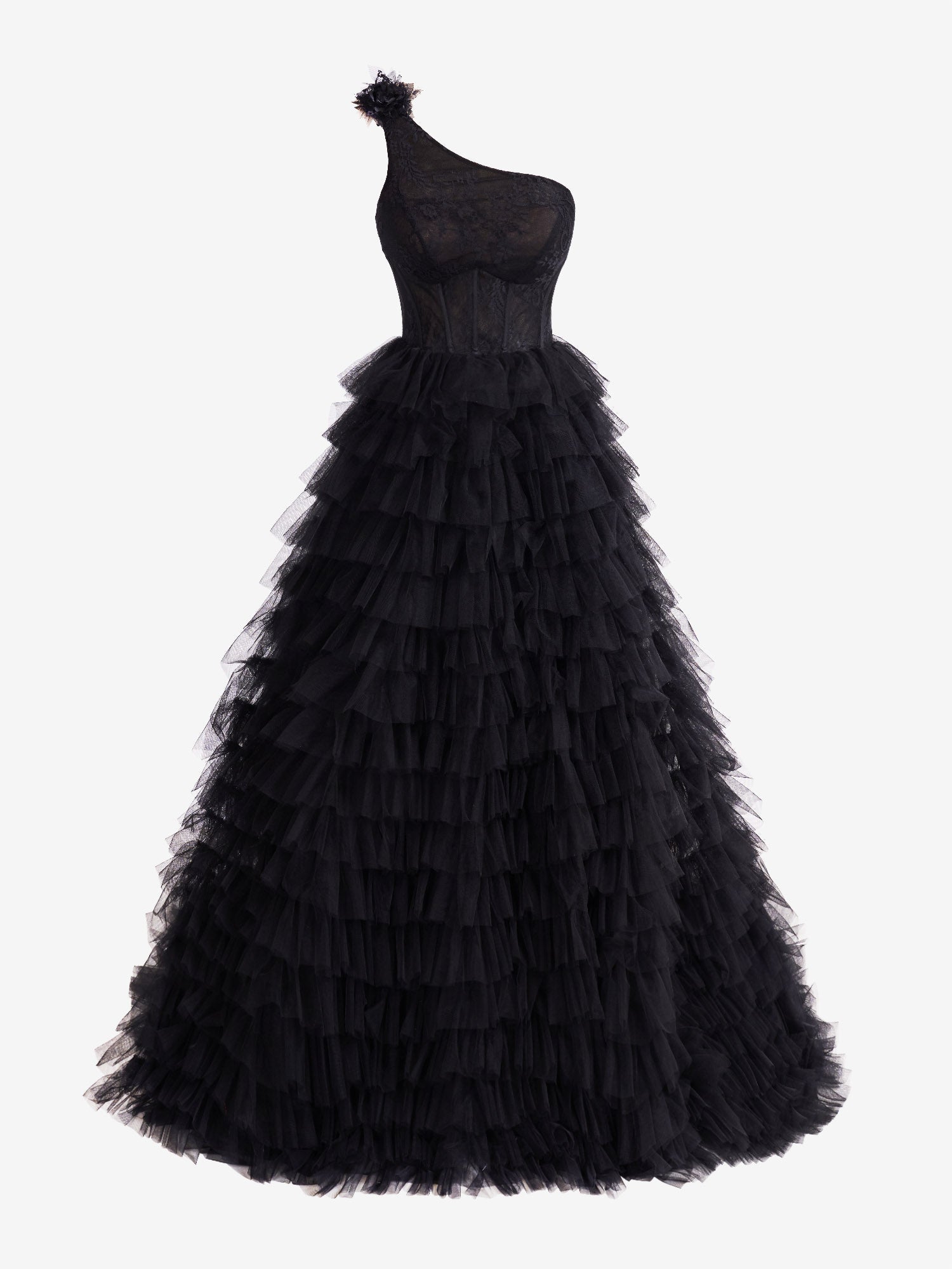 Black A Line One Shoulder Tiered Long Prom Dress