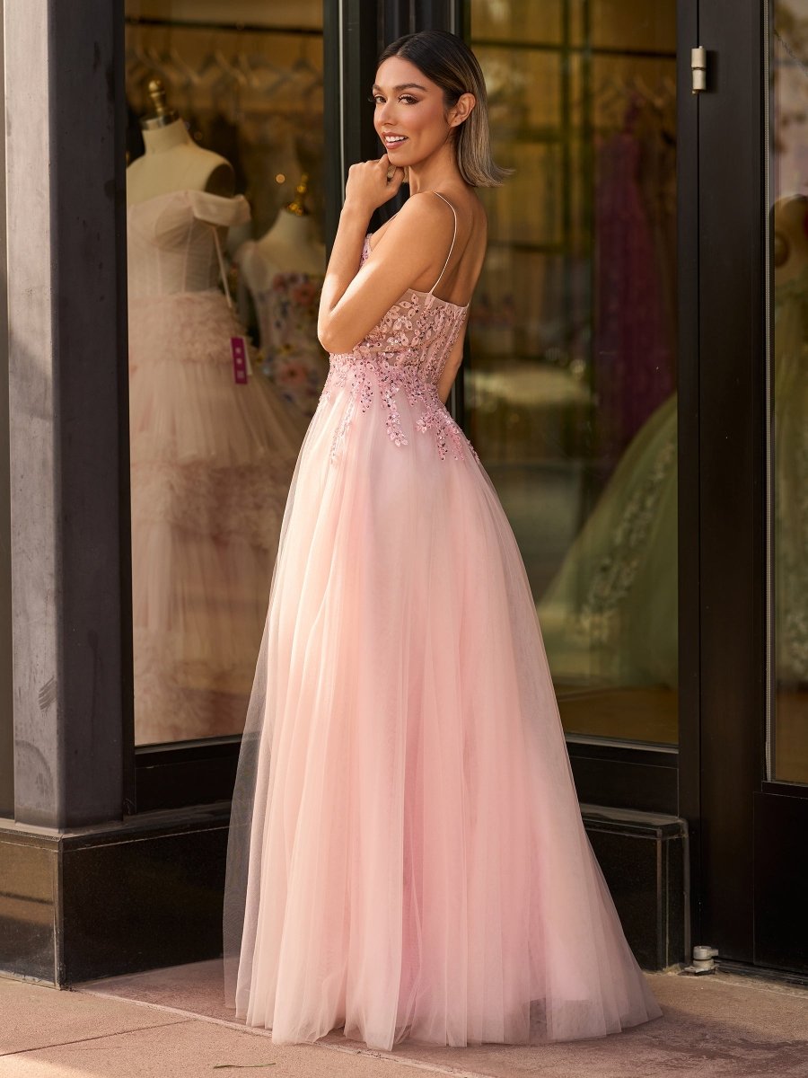 A line Spaghetti Straps Lace Floor Length Tulle Prom Dress with Slit - KissProm