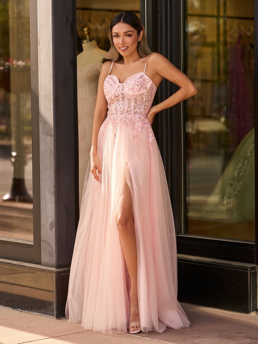 A line Spaghetti Straps Lace Floor Length Tulle Prom Dress with Slit - KissProm