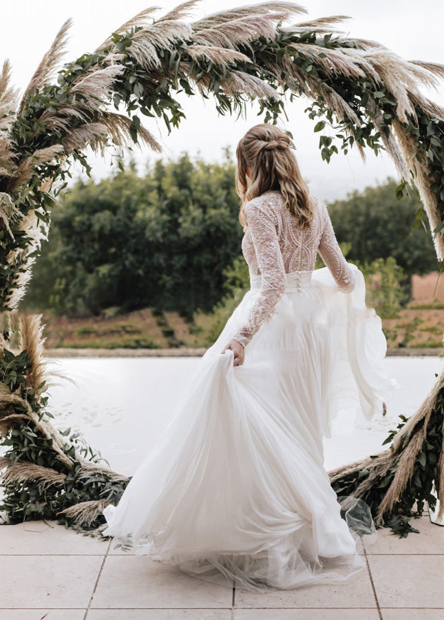 Luxurious Lace Beading Long Sleeves A-Line Pleated Tulle Wedding Dresses