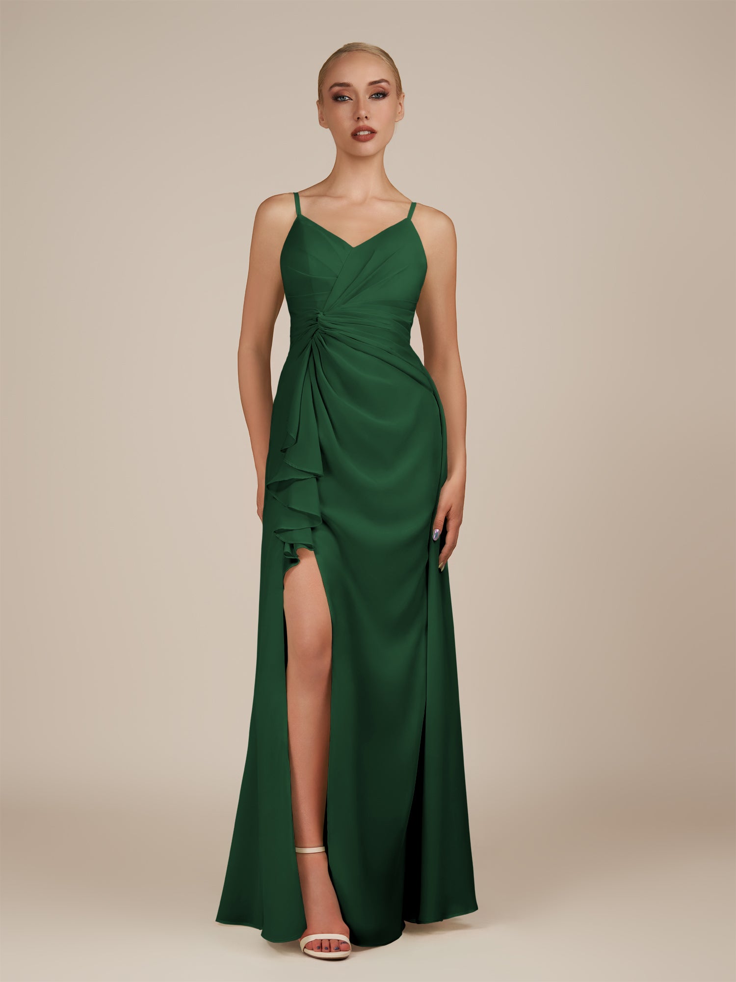 KissDress-Lavatera Dark Green A Line Chiffon V Neck Long Bridesmaid Dress with Ruffles