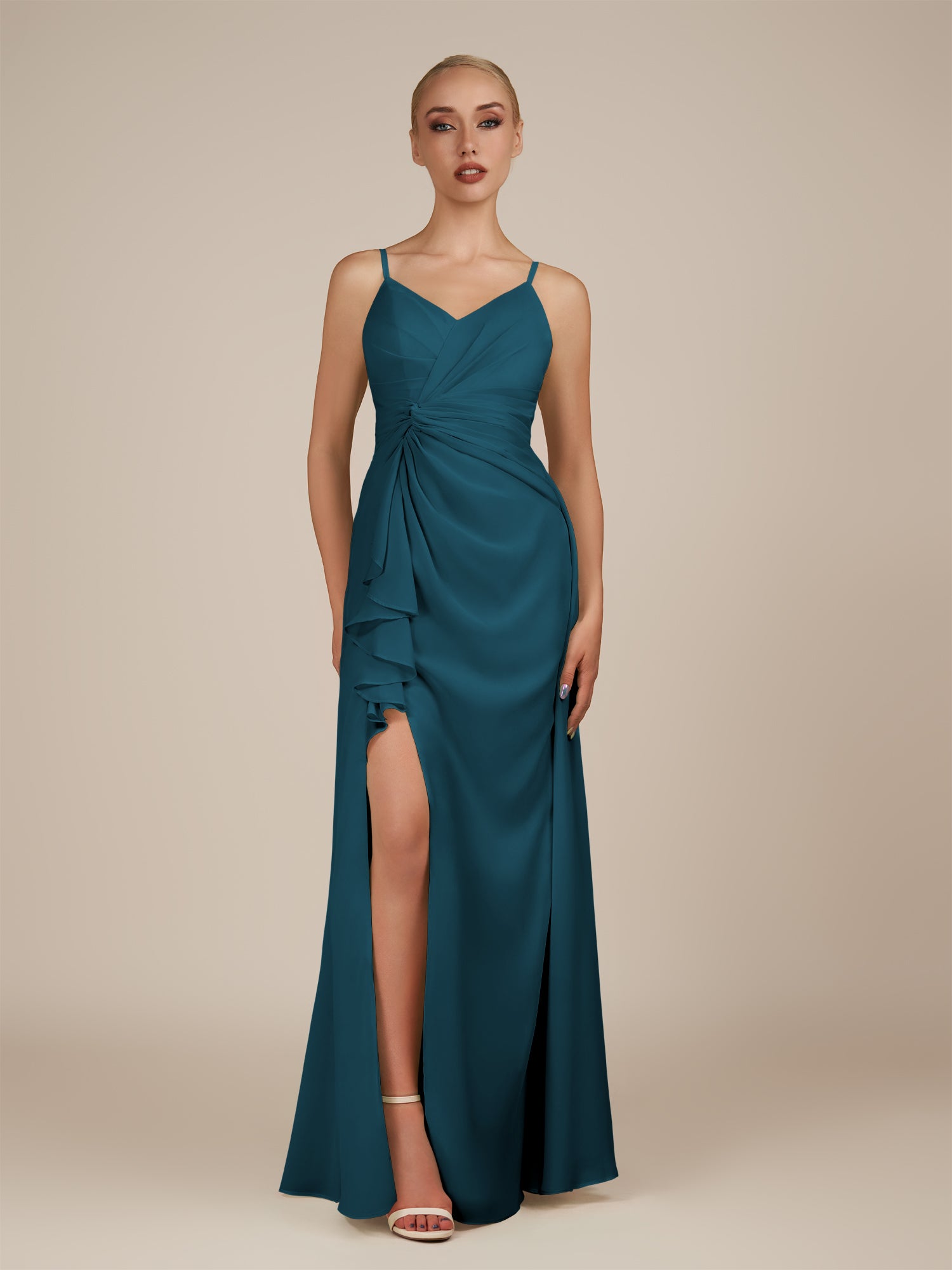 KissDress-Lavatera Dark Teal A Line Chiffon V Neck Long Bridesmaid Dress with Ruffles