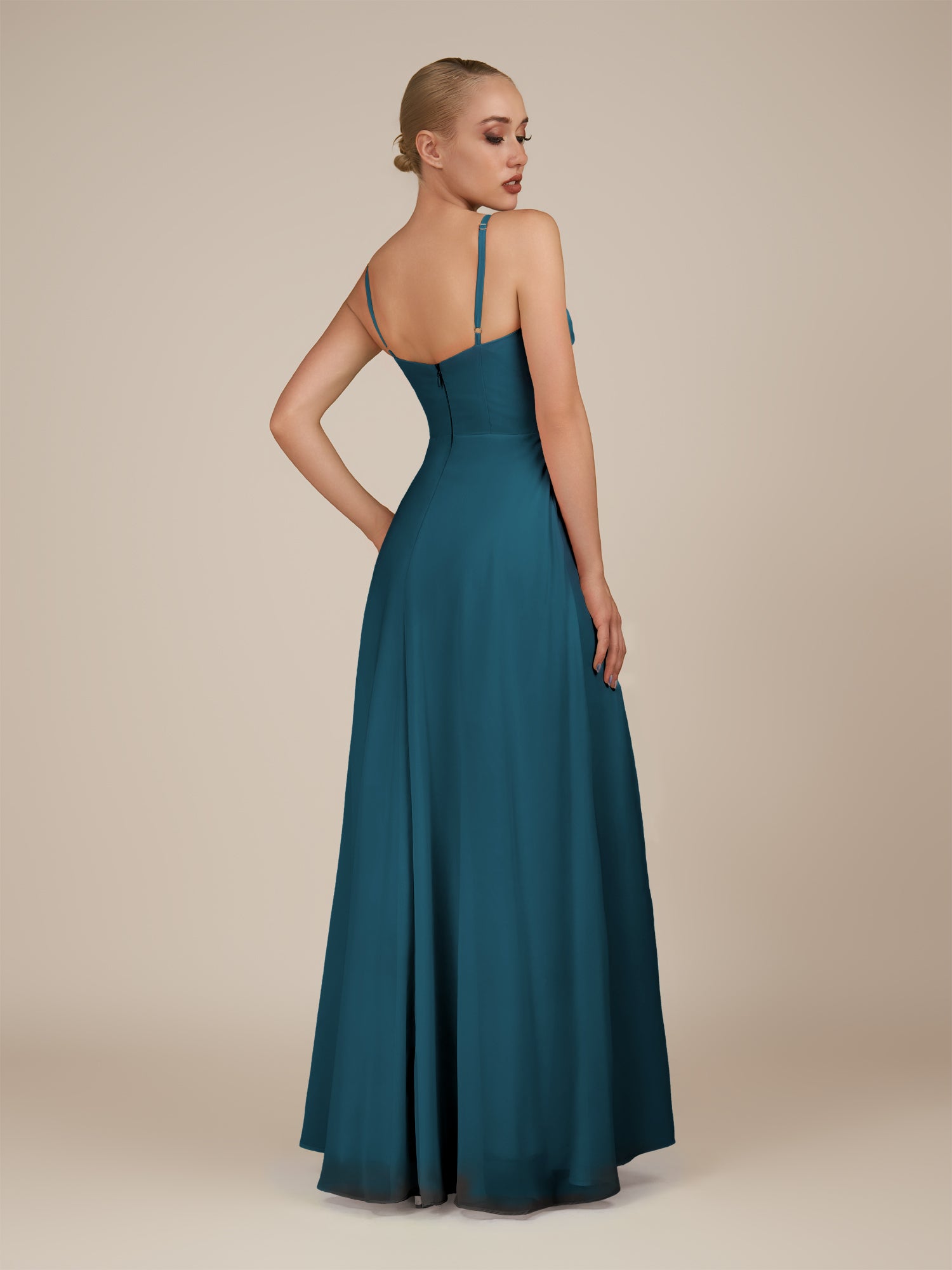 KissDress-Lavatera Dark Teal A Line Chiffon V Neck Long Bridesmaid Dress with Ruffles