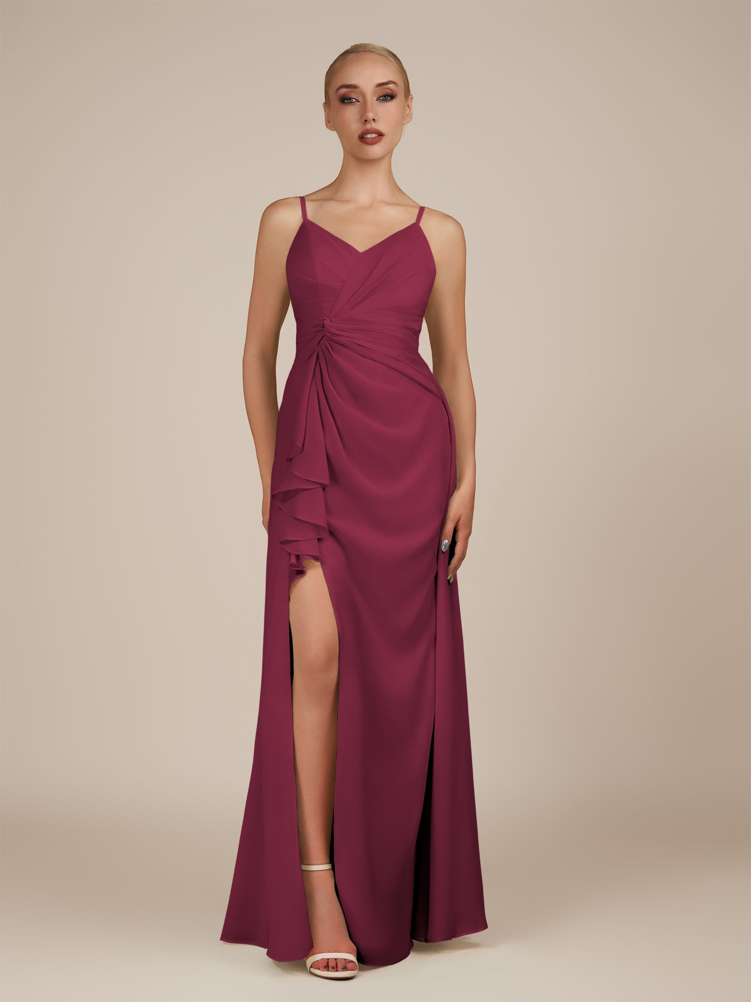 KissDress-Lavatera Desert Rose A Line Chiffon V Neck Long Bridesmaid Dress with Ruffles