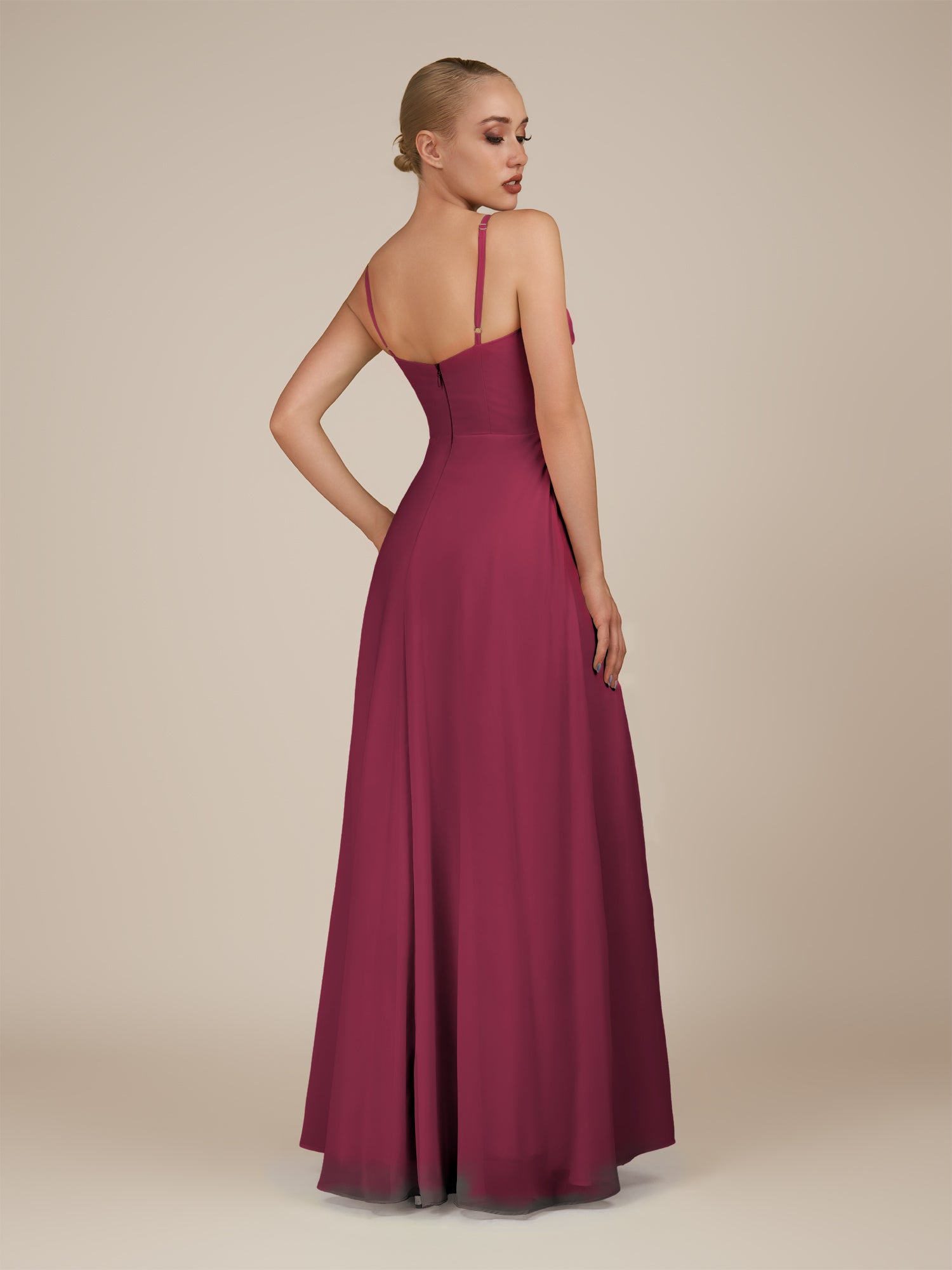 KissDress-Lavatera Desert Rose A Line Chiffon V Neck Long Bridesmaid Dress with Ruffles