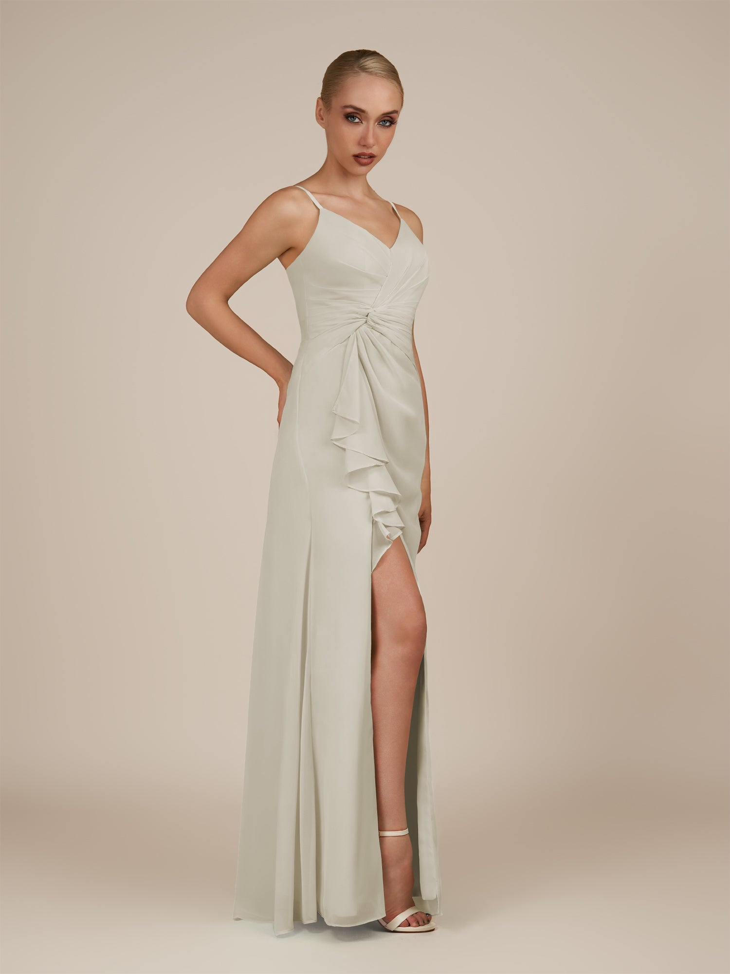 KissDress-Lavatera Dove Gray A Line Chiffon V Neck Long Bridesmaid Dress with Ruffles
