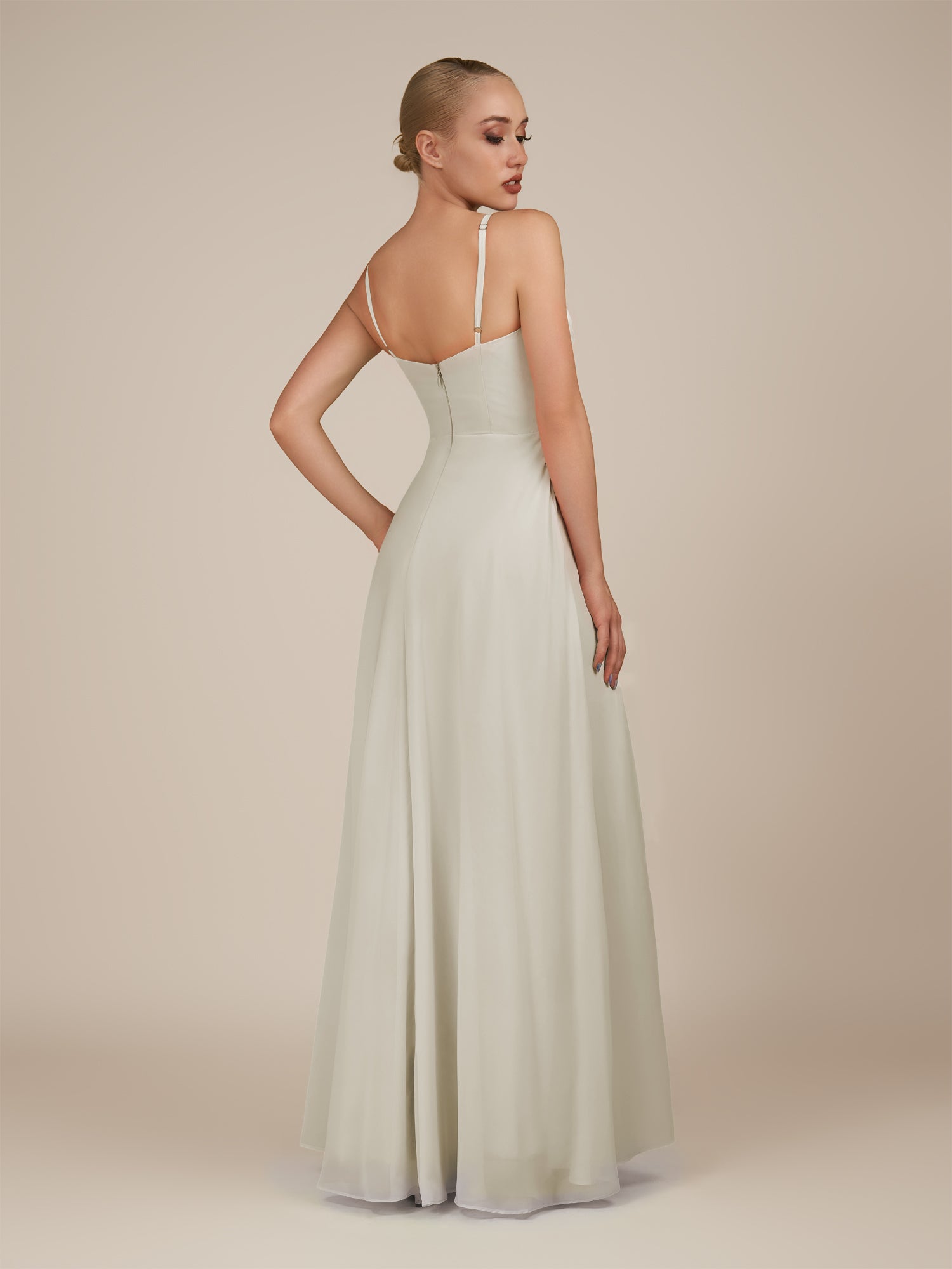 KissDress-Lavatera Dove Gray A Line Chiffon V Neck Long Bridesmaid Dress with Ruffles