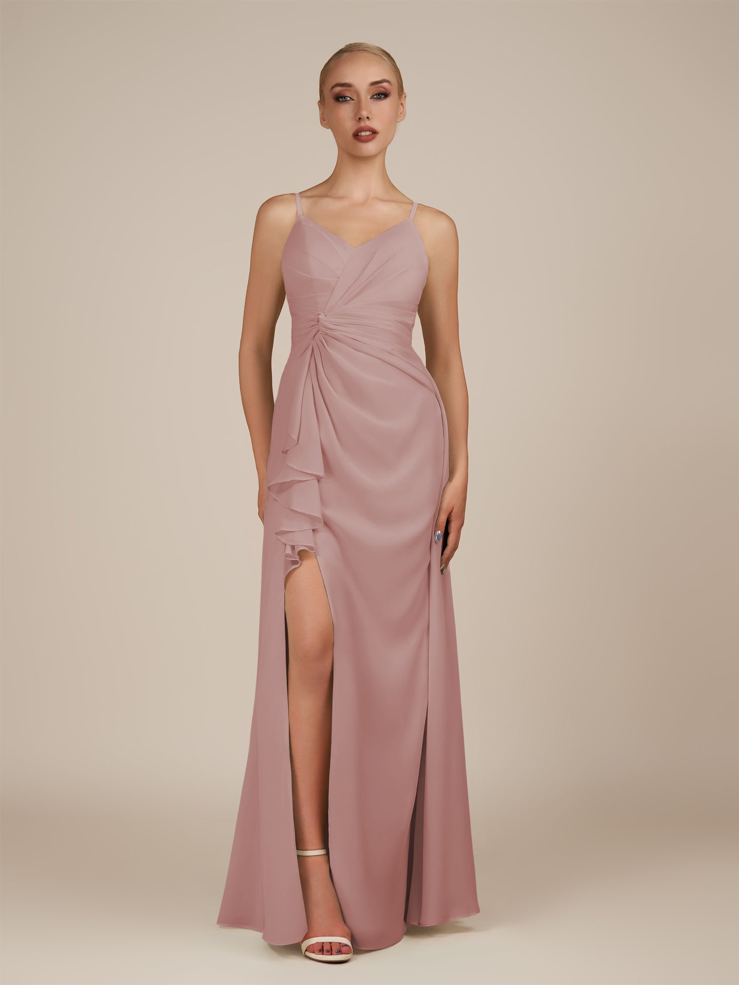 KissDress-Lavatera Dusty Rose A Line Chiffon V Neck Long Bridesmaid Dress with Ruffles