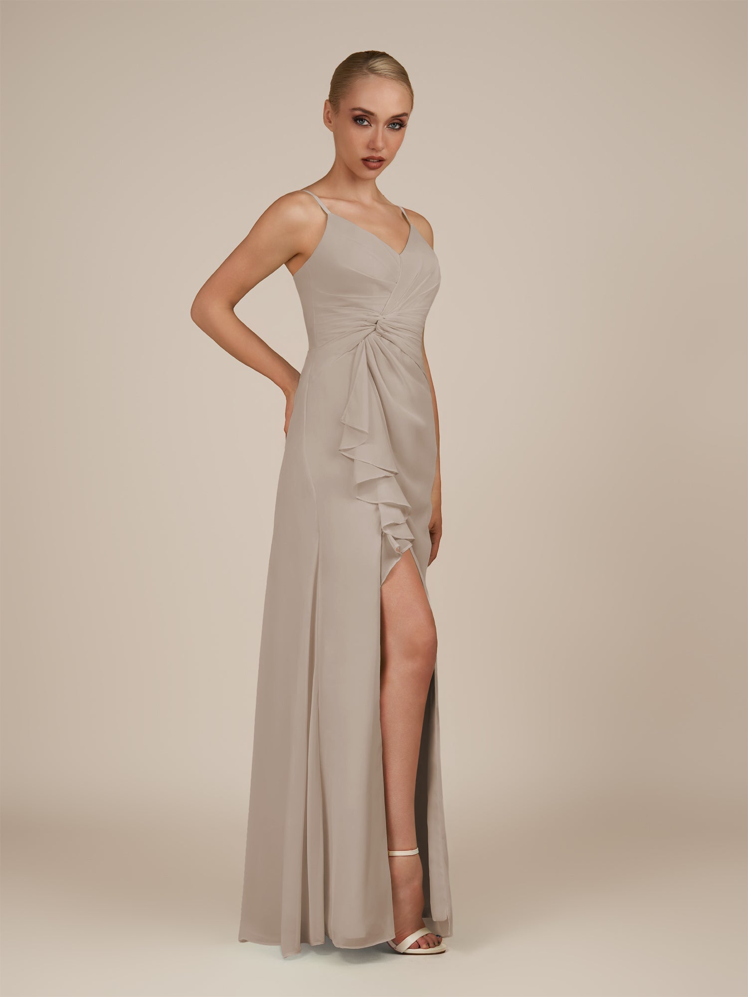 KissDress-Lavatera Frost A Line Chiffon V Neck Long Bridesmaid Dress with Ruffles