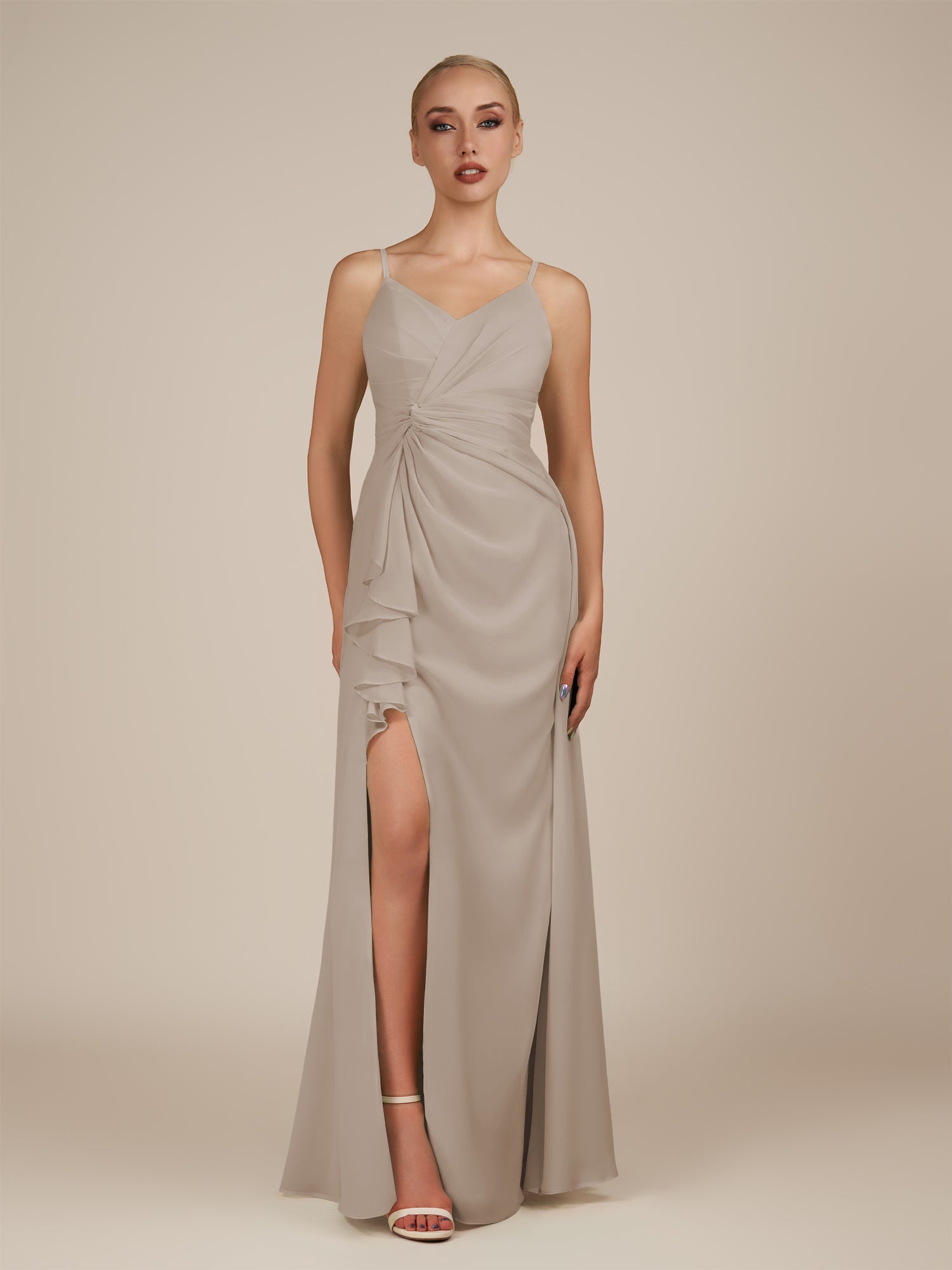 KissDress-Lavatera Frost A Line Chiffon V Neck Long Bridesmaid Dress with Ruffles
