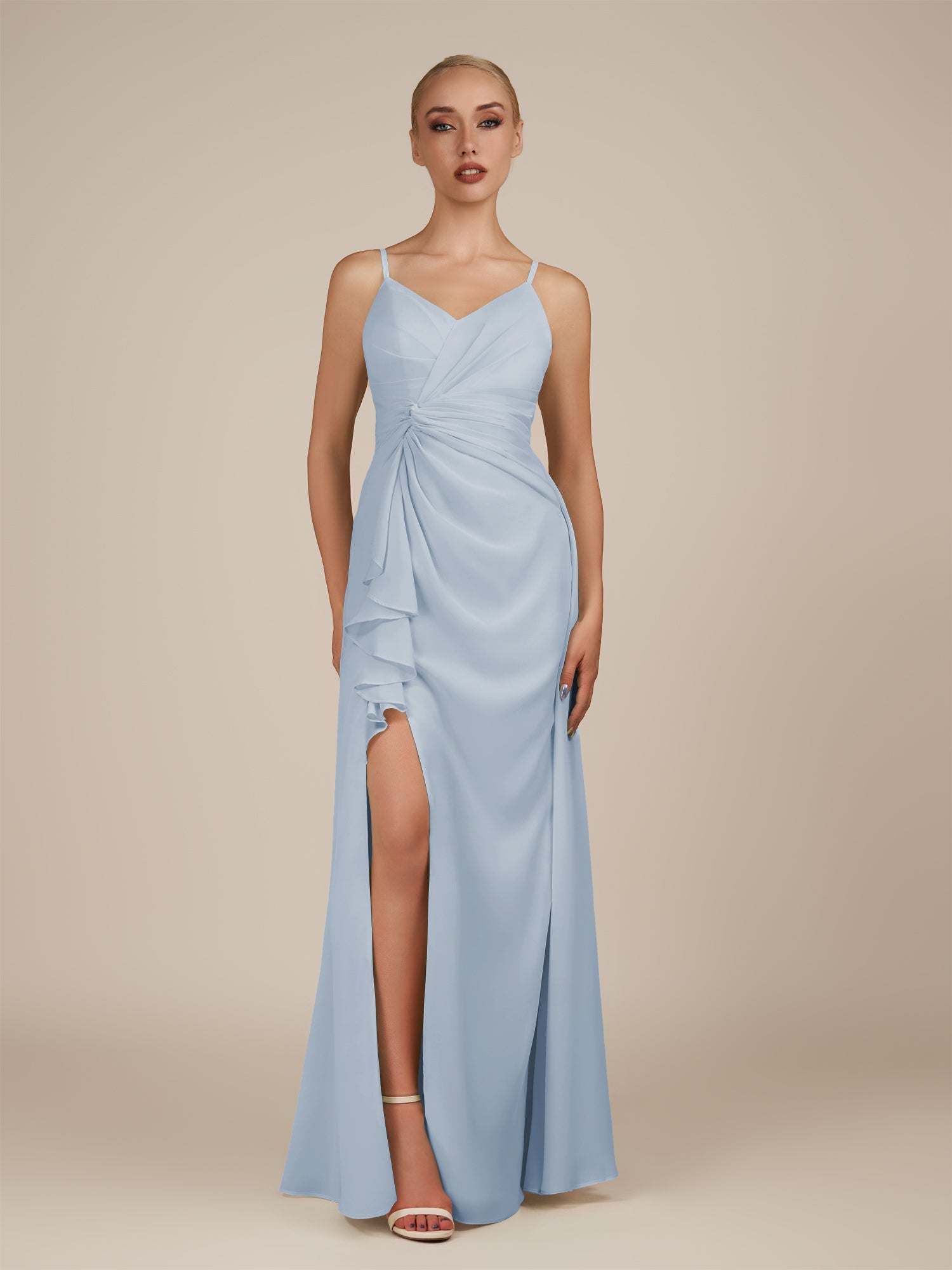 KissDress-Lavatera Ice A Line Chiffon V Neck Long Bridesmaid Dress with Ruffles