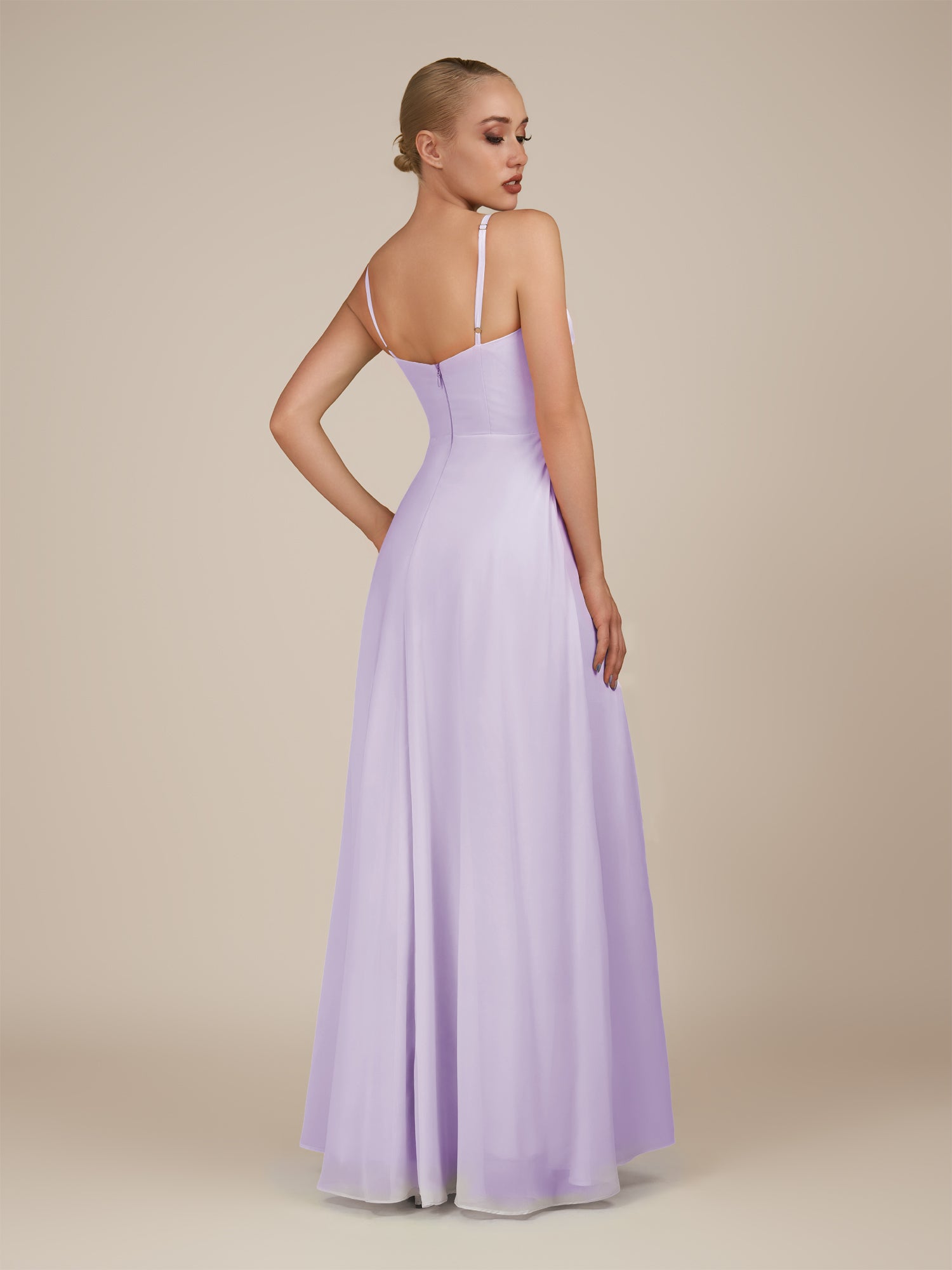 KissDress-Lavatera Lavender A Line Chiffon V Neck Long Bridesmaid Dress with Ruffles
