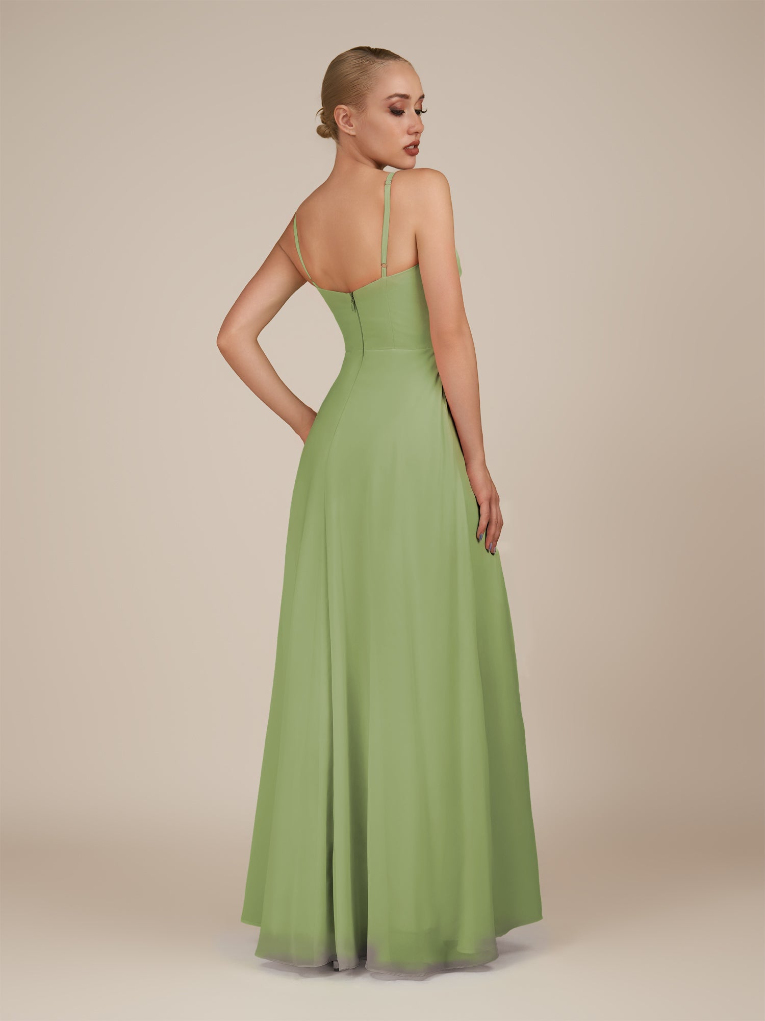 KissDress-Lavatera Matcha A Line Chiffon V Neck Long Bridesmaid Dress with Ruffles