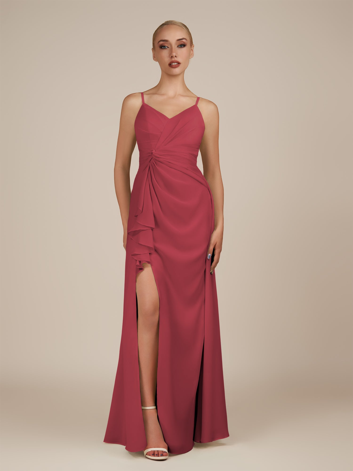 KissDress-Lavatera Merlot A Line Chiffon V Neck Long Bridesmaid Dress with Ruffles