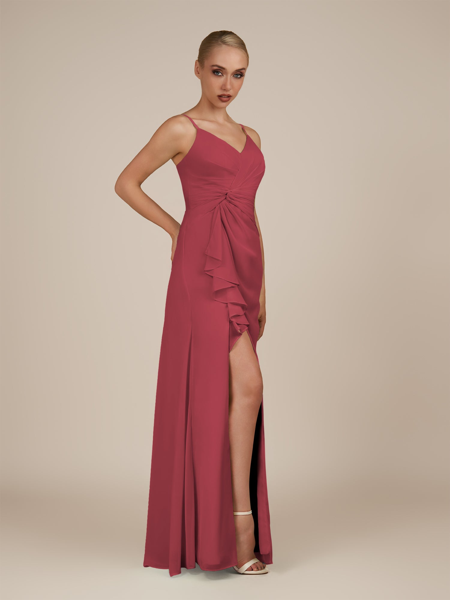 KissDress-Lavatera Merlot A Line Chiffon V Neck Long Bridesmaid Dress with Ruffles