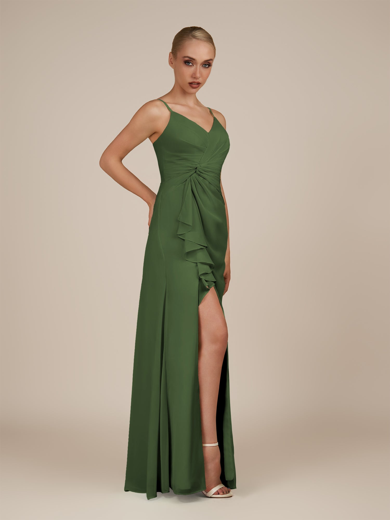 KissDress-Lavatera Moss A Line Chiffon V Neck Long Bridesmaid Dress with Ruffles
