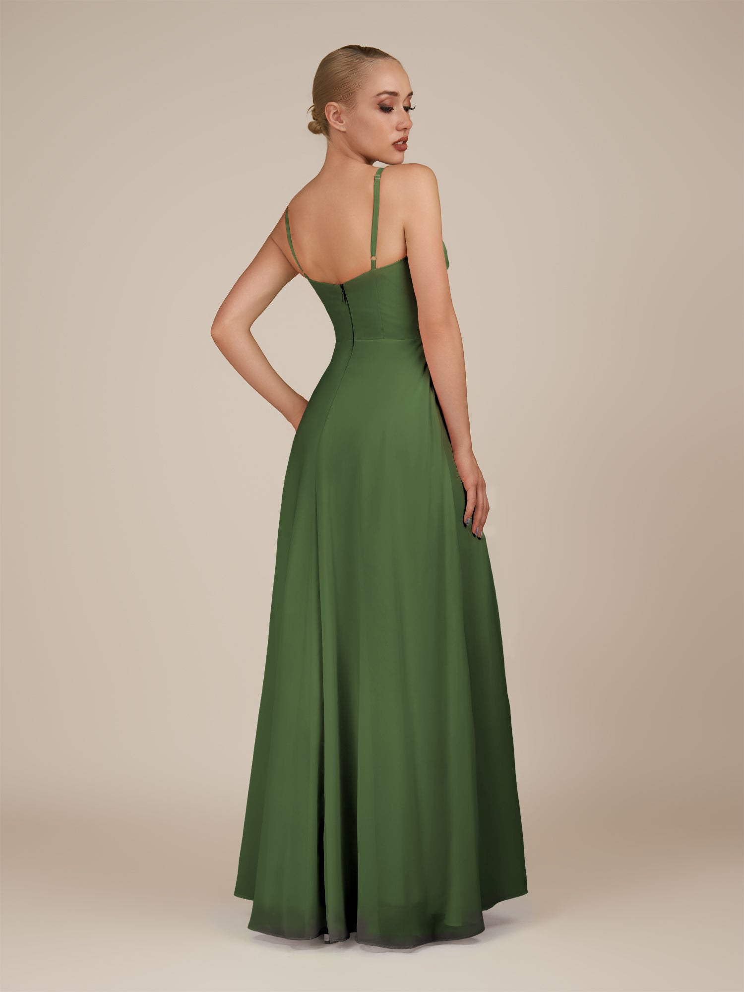 KissDress-Lavatera Moss A Line Chiffon V Neck Long Bridesmaid Dress with Ruffles