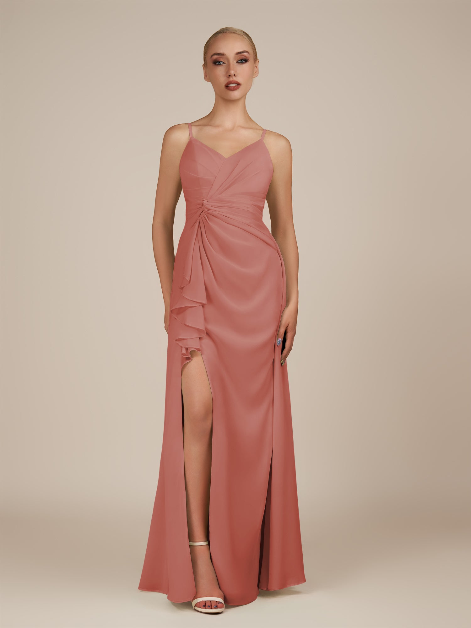 KissDress-Lavatera Mulberry A Line Chiffon V Neck Long Bridesmaid Dress with Ruffles