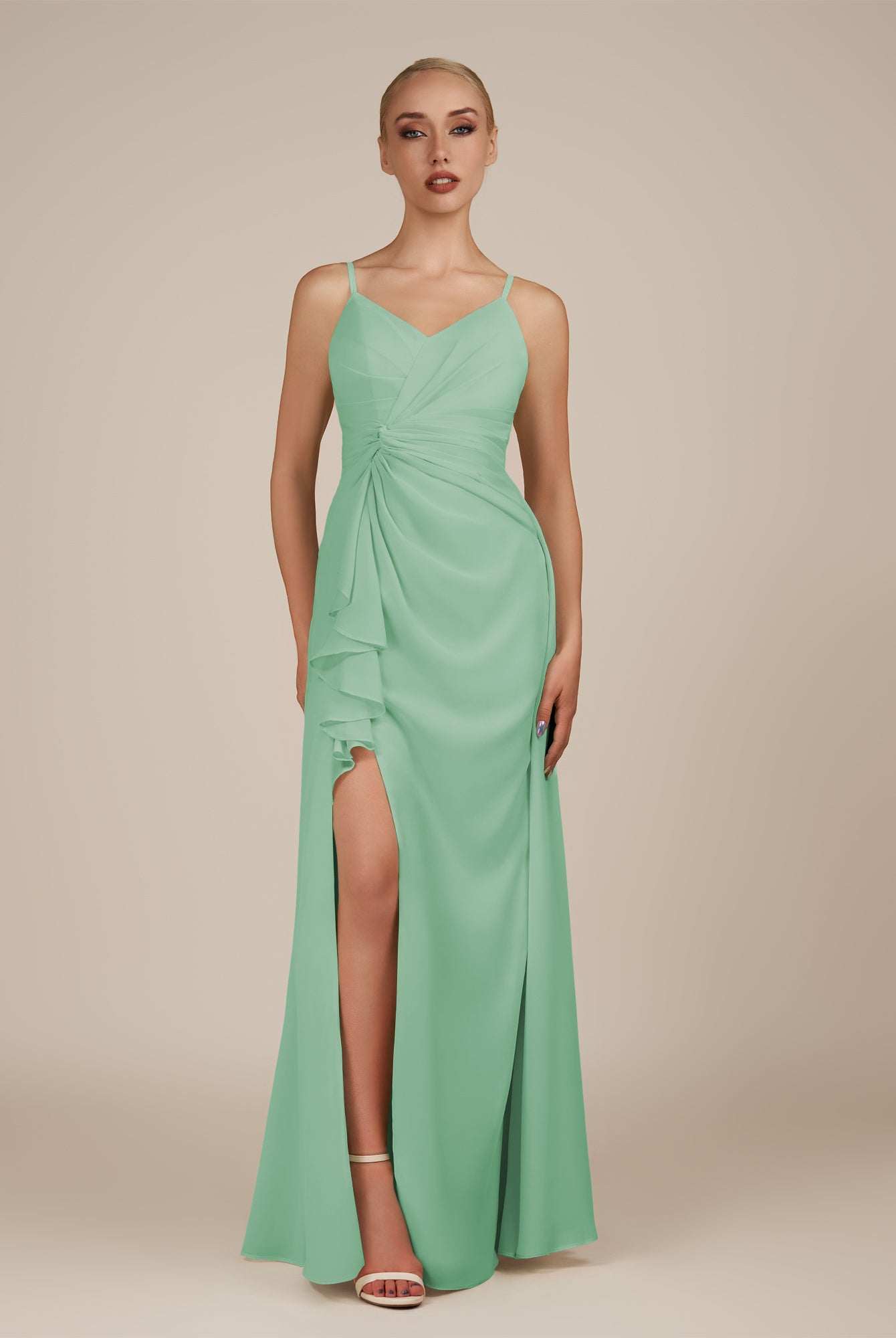 KissDress-Lavatera Pale Pistachio A Line Chiffon V Neck Long Bridesmaid Dress with Ruffles