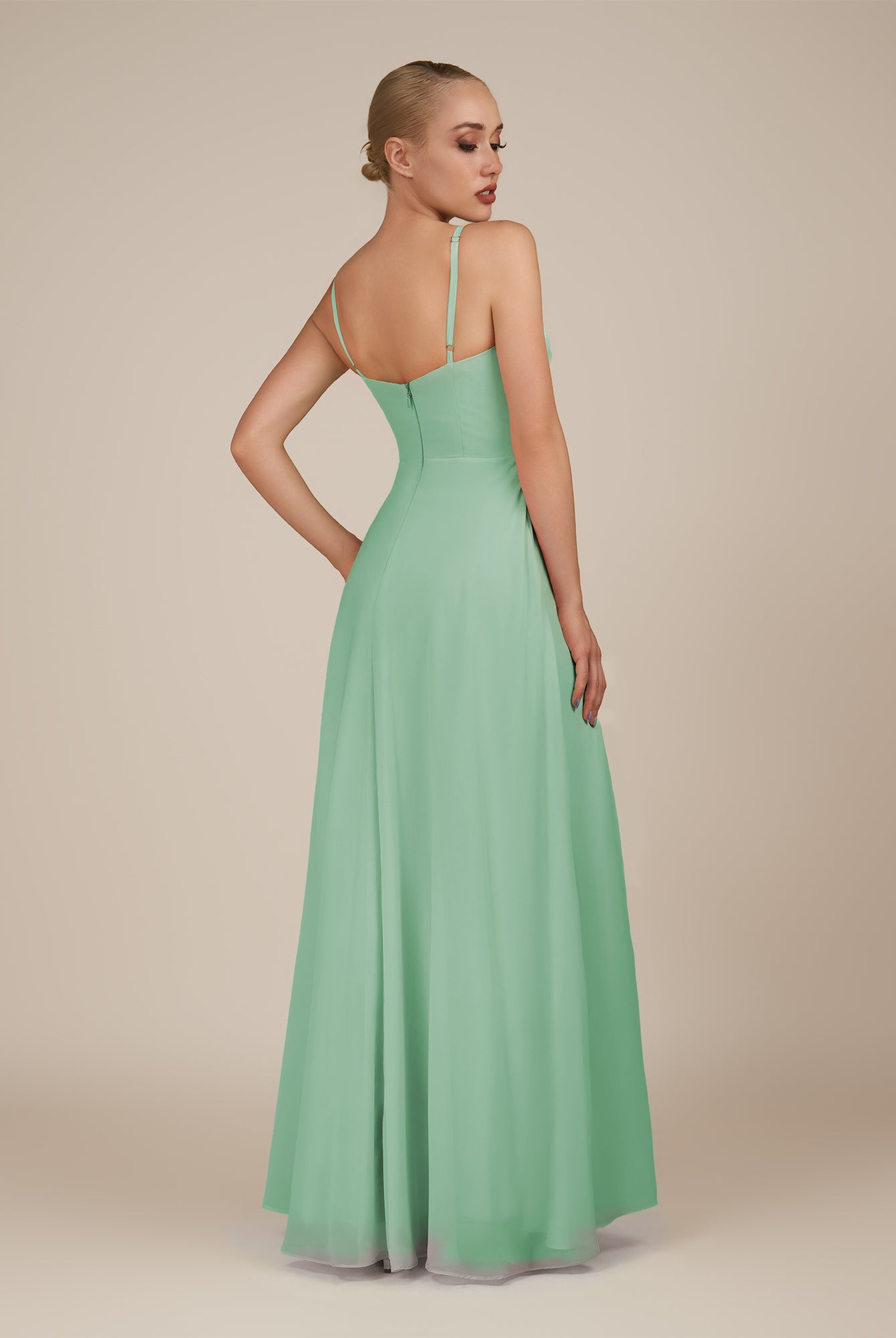 KissDress-Lavatera Pale Pistachio A Line Chiffon V Neck Long Bridesmaid Dress with Ruffles