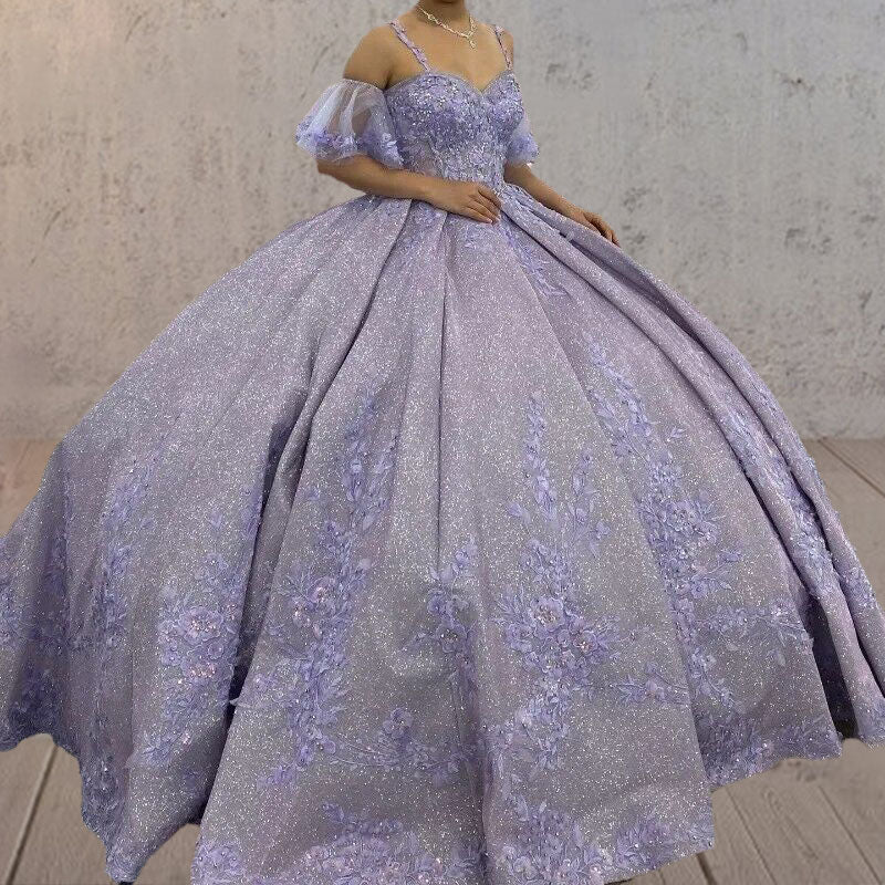 Lavender Off-the-Shoulder Straps Appliqued Quinceanera Dresses