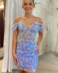 Lavender Sequin-Embroidery Lace-Up Short Cocktail Dress