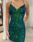 Lavender Sequin-Embroidery Lace-Up Short Cocktail Dress