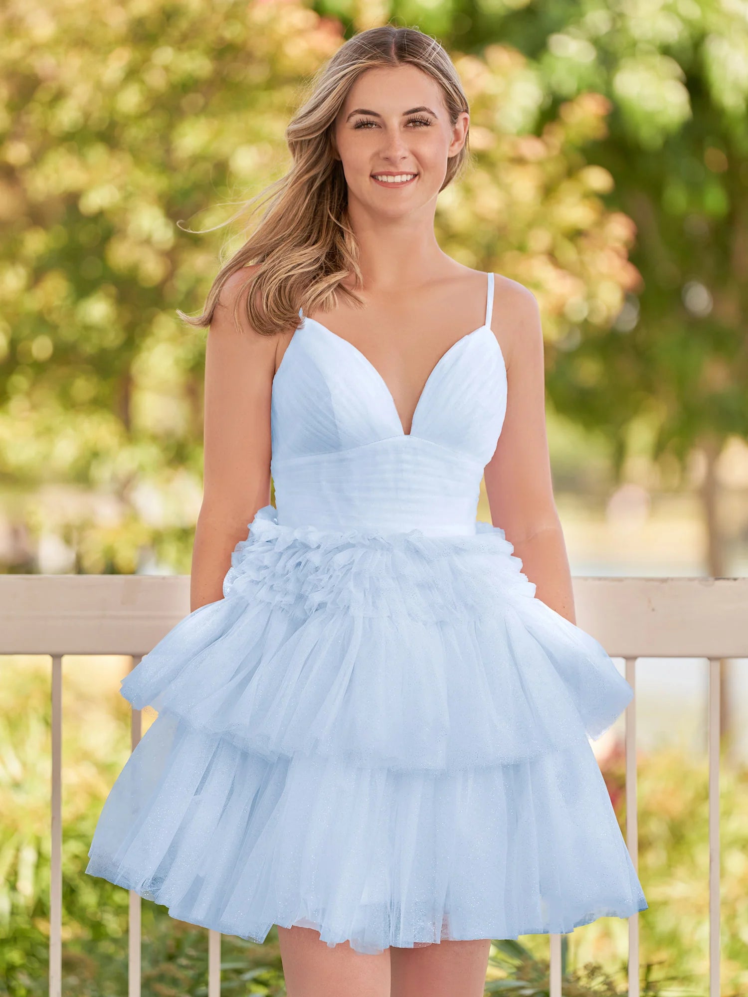 Pink A-Line Deep V Neck Tulle Tiered Homecoming Dresses