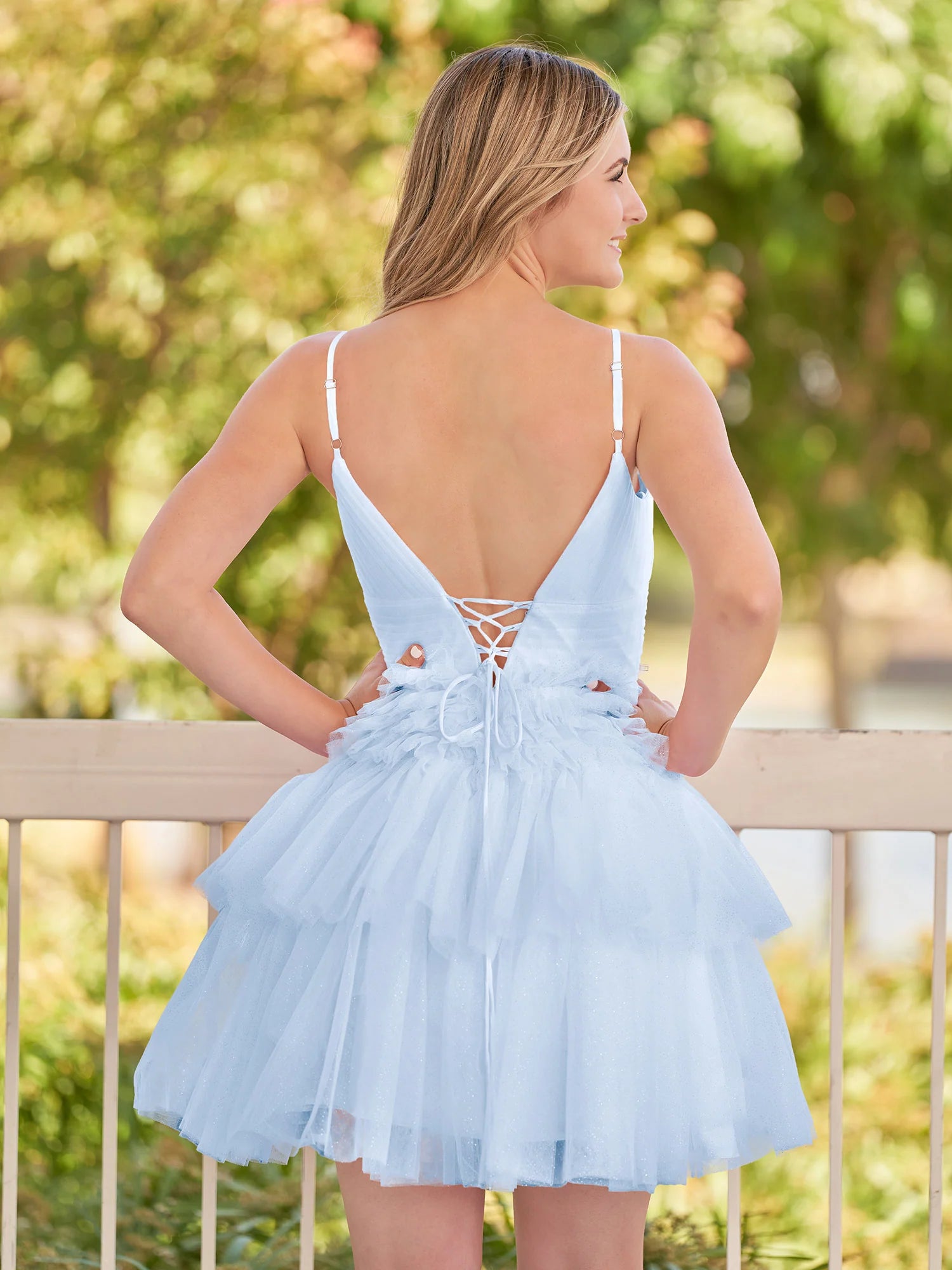 Pink A-Line Deep V Neck Tulle Tiered Homecoming Dresses
