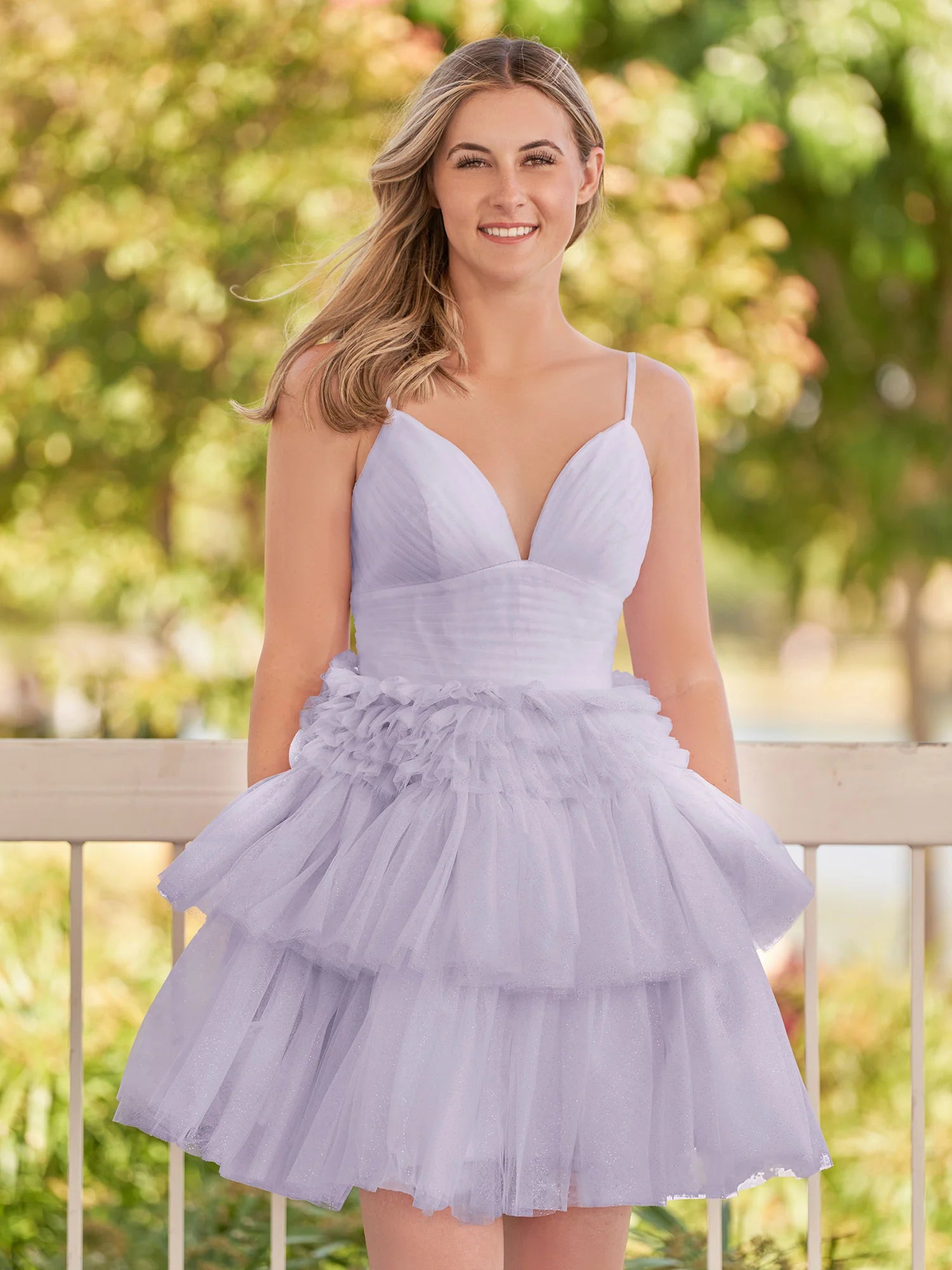 Pink A-Line Deep V Neck Tulle Tiered Homecoming Dresses
