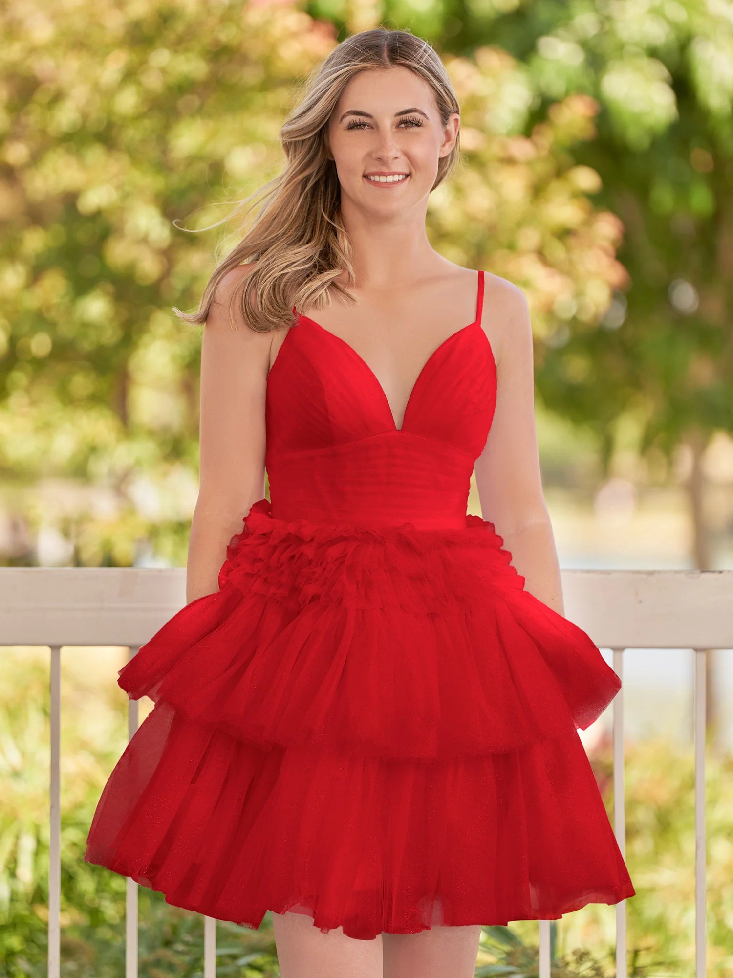 Pink A-Line Deep V Neck Tulle Tiered Homecoming Dresses