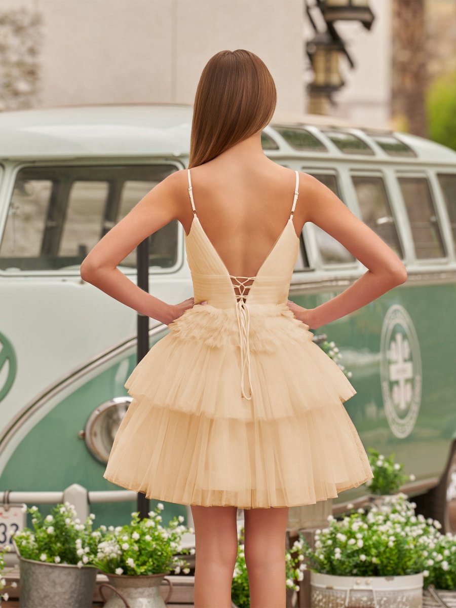 Layla | A - Line Deep V Neck Tiered Short Homecoming Dress - KissProm