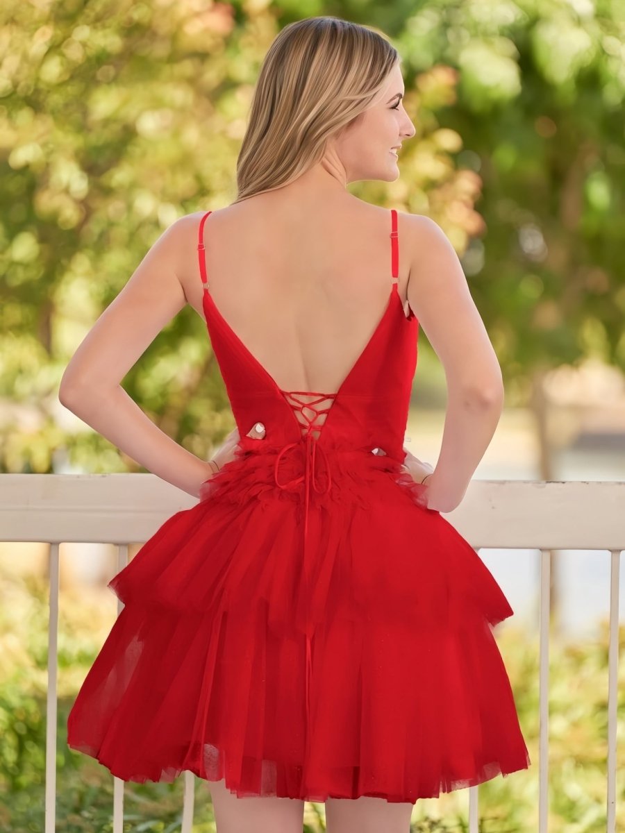 Layla | A - Line Deep V Neck Tiered Short Homecoming Dress - KissProm