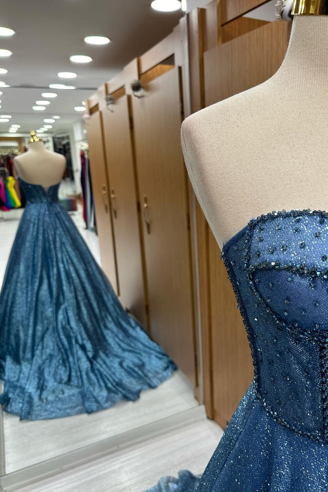 Navy Blue Sequin Beaded Sweetheart A-Line Long Prom Dress